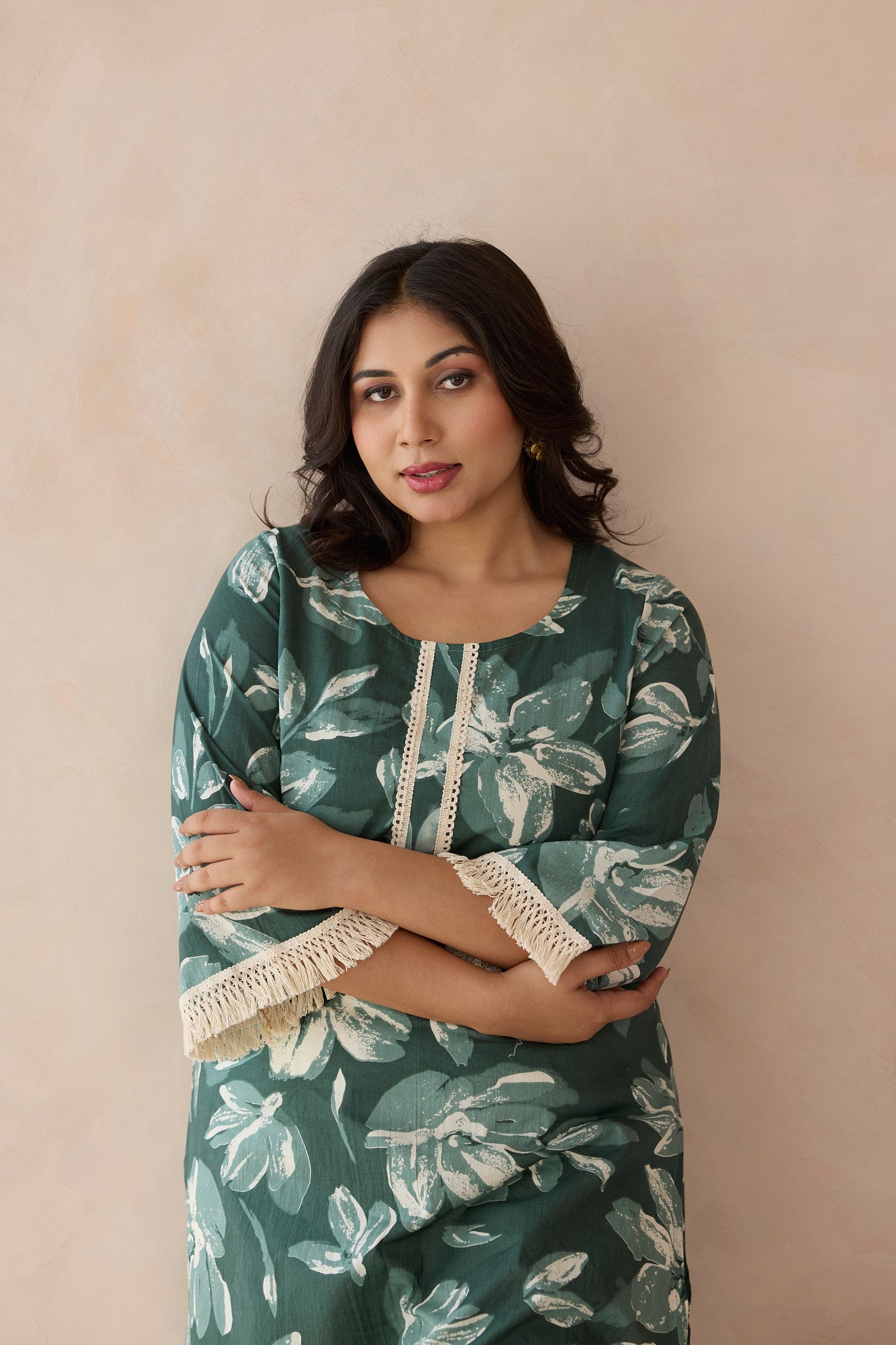 Deep Forest Green Floral Print Cotton Kurta Top