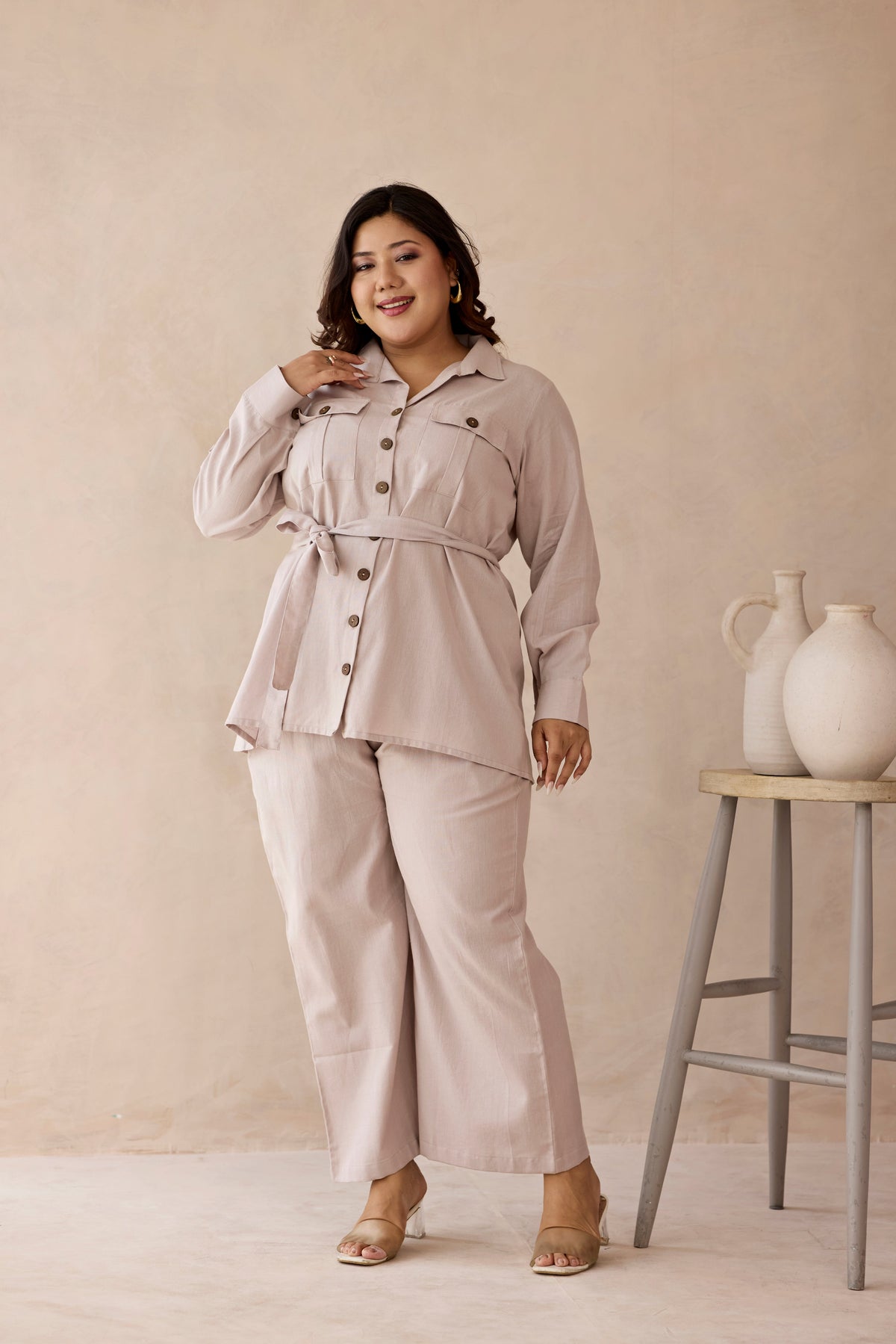 Blush Beige Top & Bottom 100% Cotton Co-ord Set with Cargo Pockets