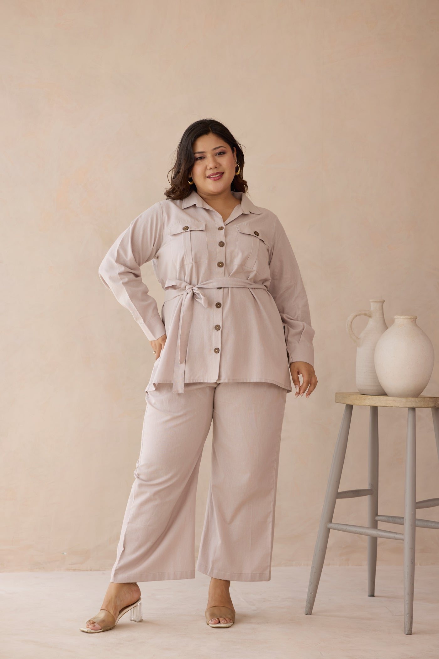 Blush Beige Top & Bottom Cotton Co-ord Set with Cargo Pockets