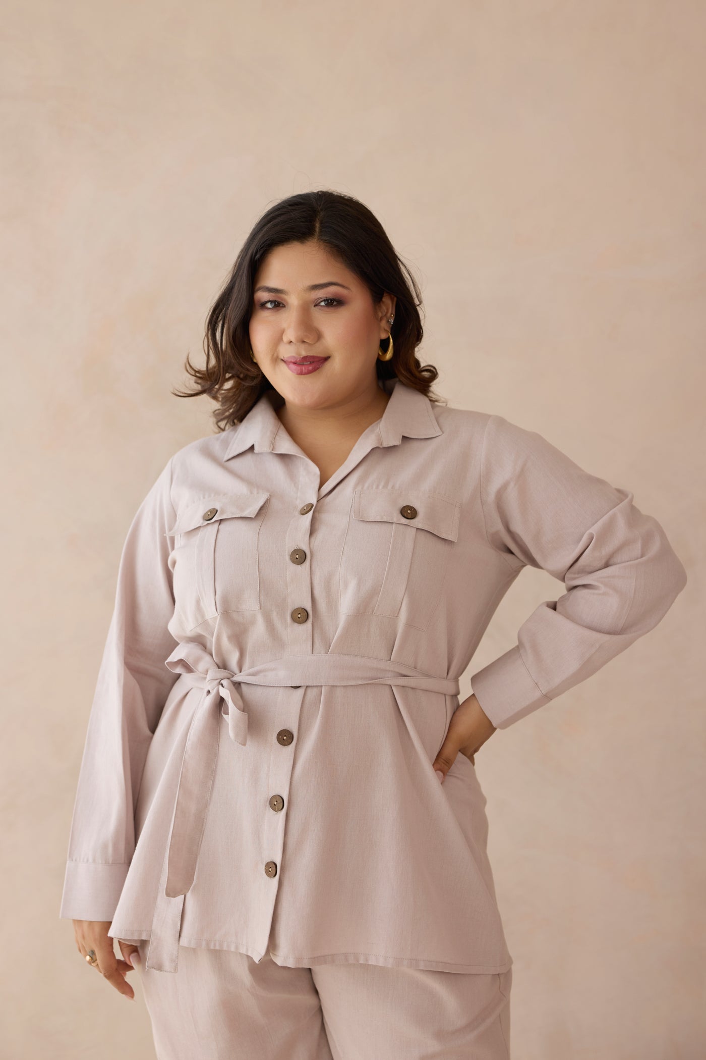 Blush Beige Top & Bottom Cotton Co-ord Set with Cargo Pockets