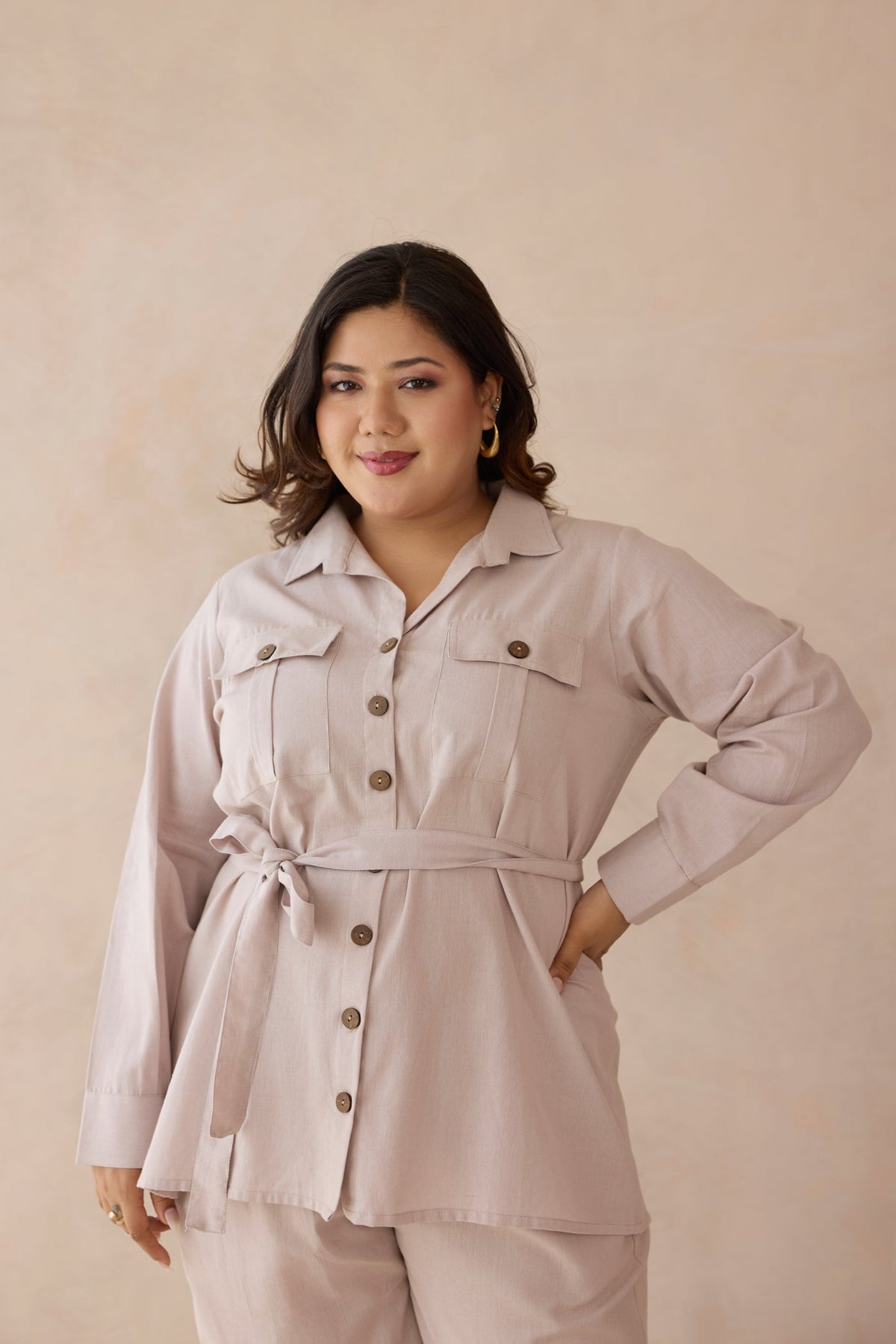 Blush Beige Top & Bottom 100% Cotton Co-ord Set with Cargo Pockets