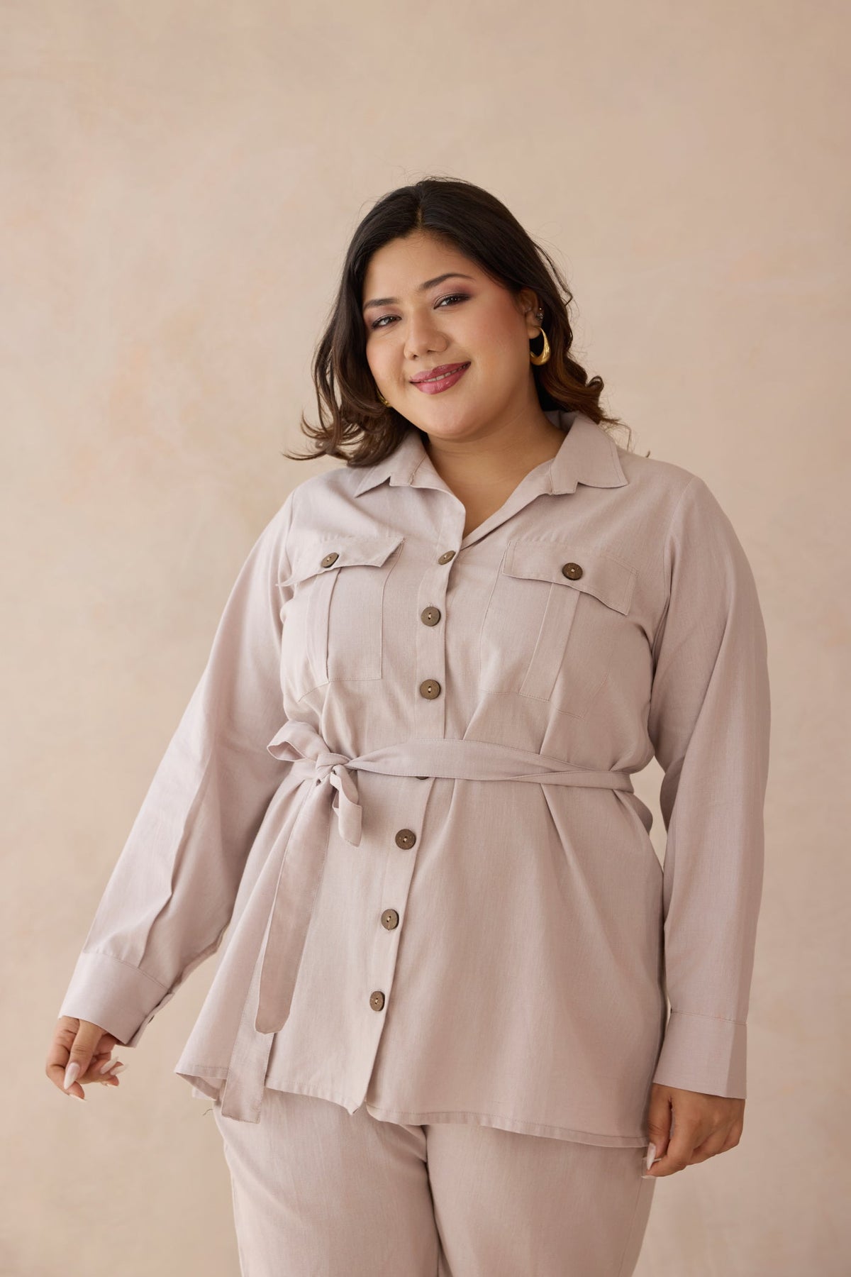 Blush Beige Top & Bottom 100% Cotton Co-ord Set with Cargo Pockets