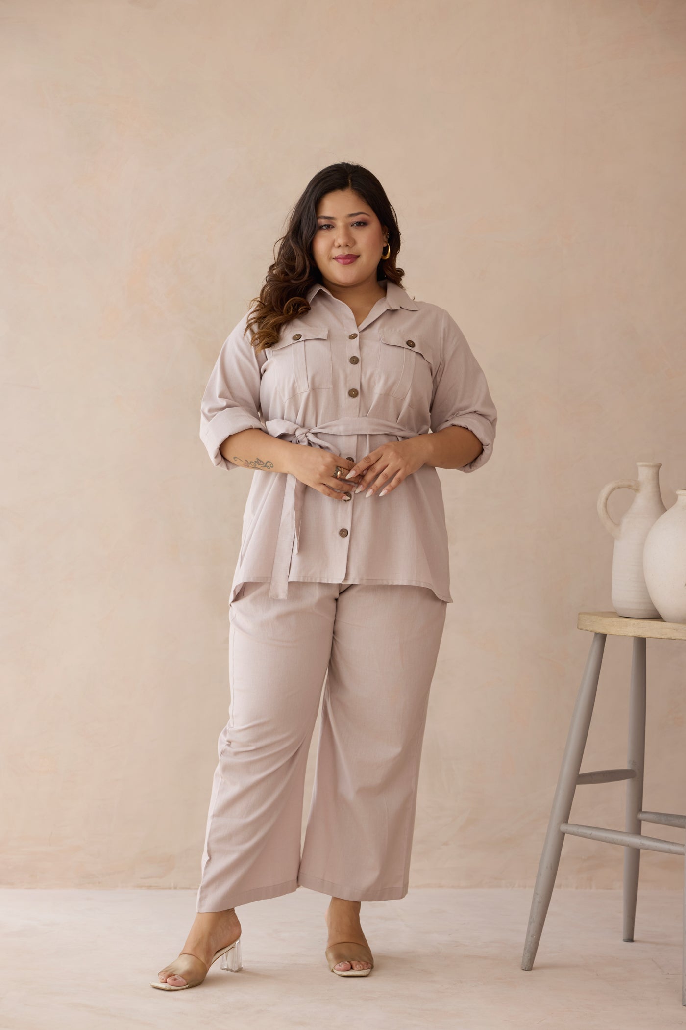 Blush Beige Top & Bottom Cotton Co-ord Set with Cargo Pockets