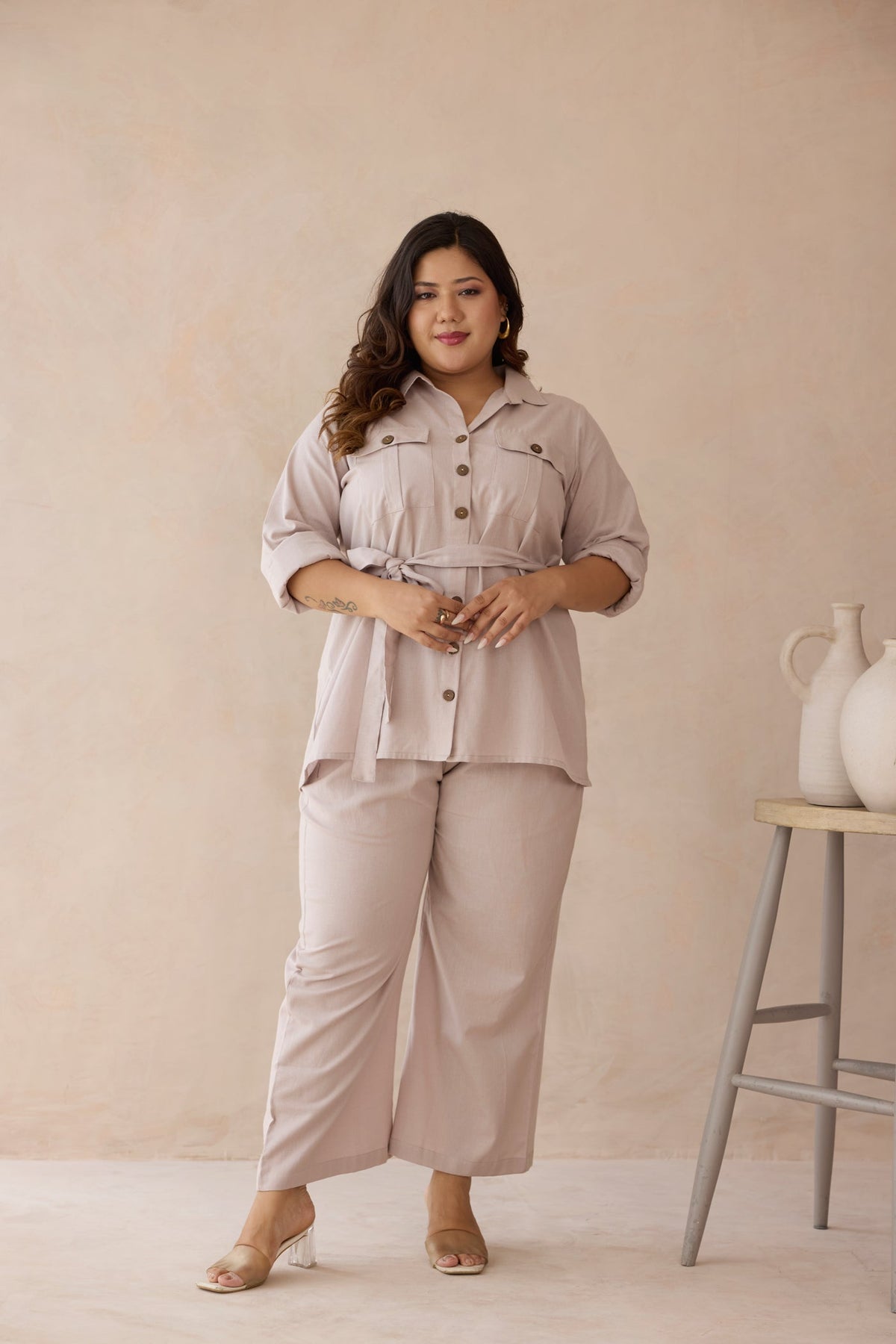 Blush Beige Top & Bottom 100% Cotton Co-ord Set with Cargo Pockets