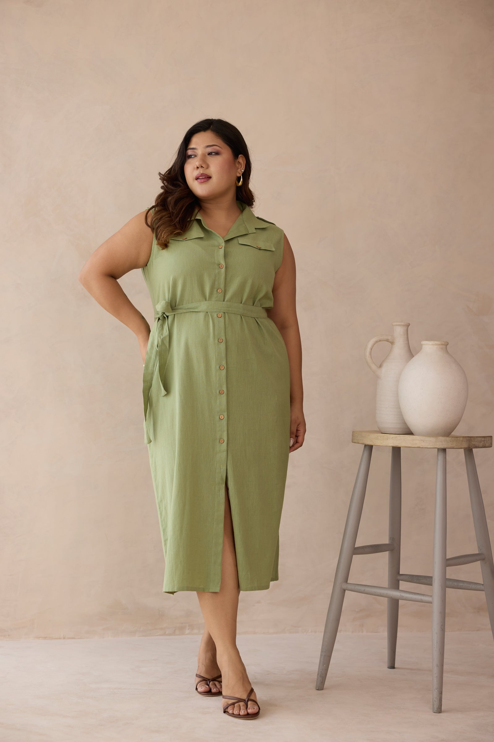 Soft Olive Green Linen Belted Shirt Dress