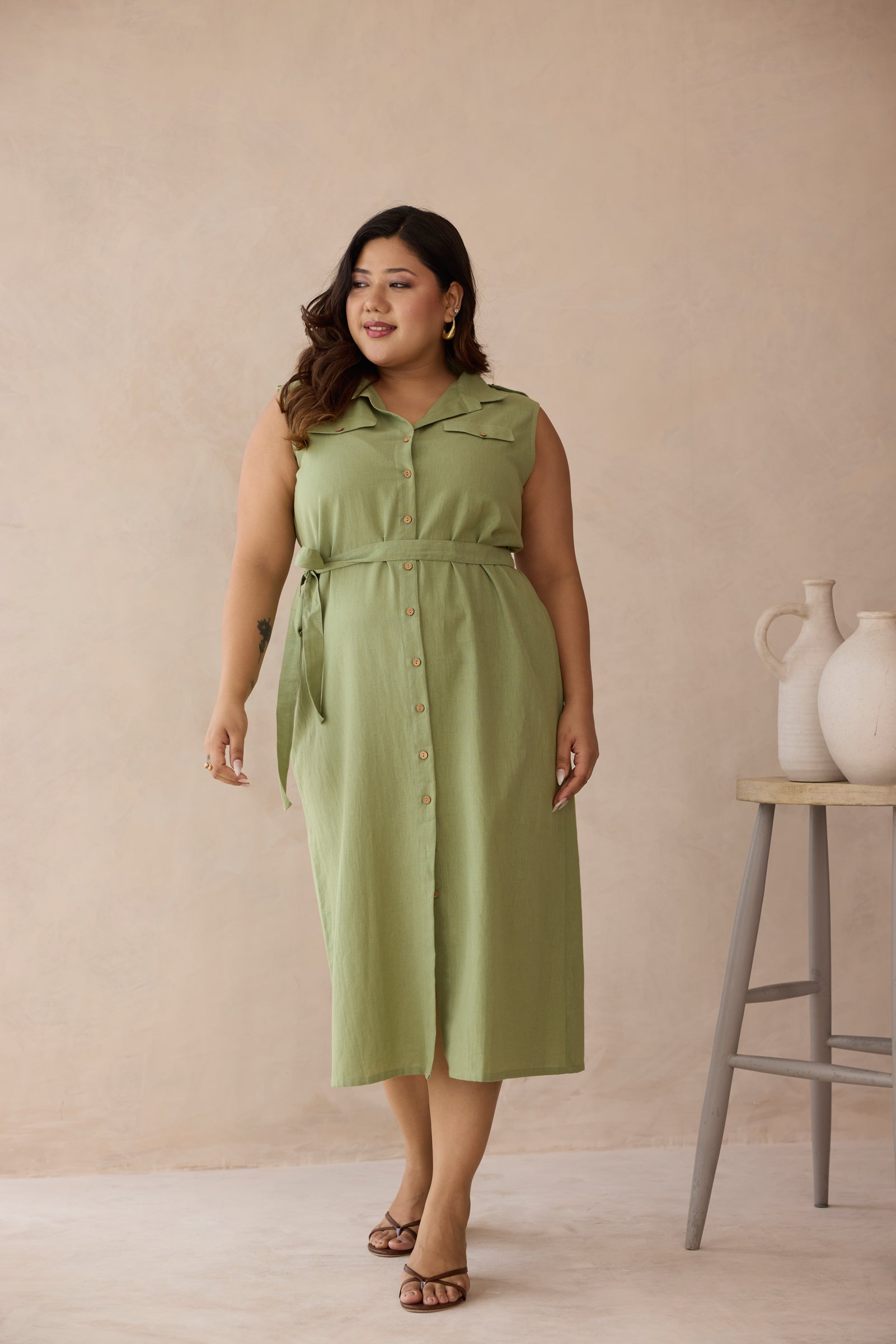 Soft Olive Green Linen Belted Shirt Dress