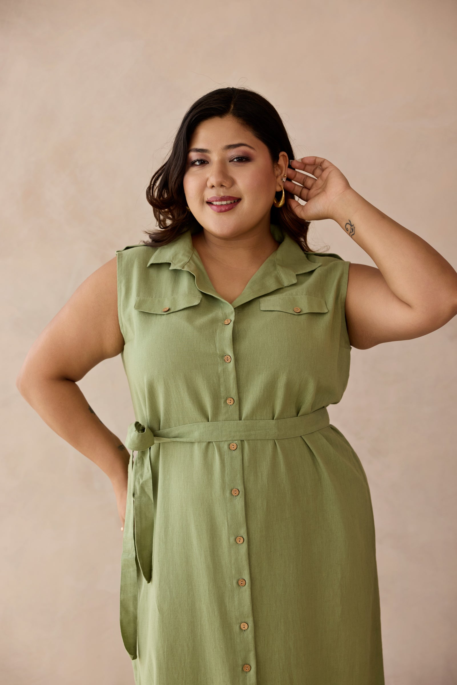 Soft Olive Green Linen Belted Shirt Dress