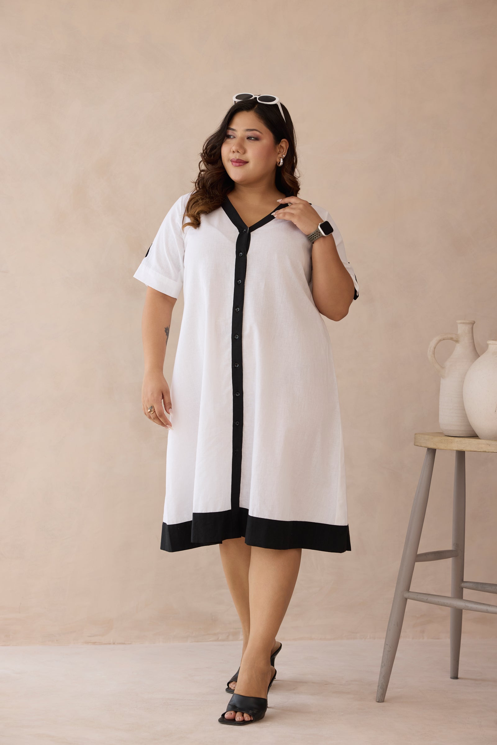 Crisp White with Bold Black Detail Linen Shirt Dress