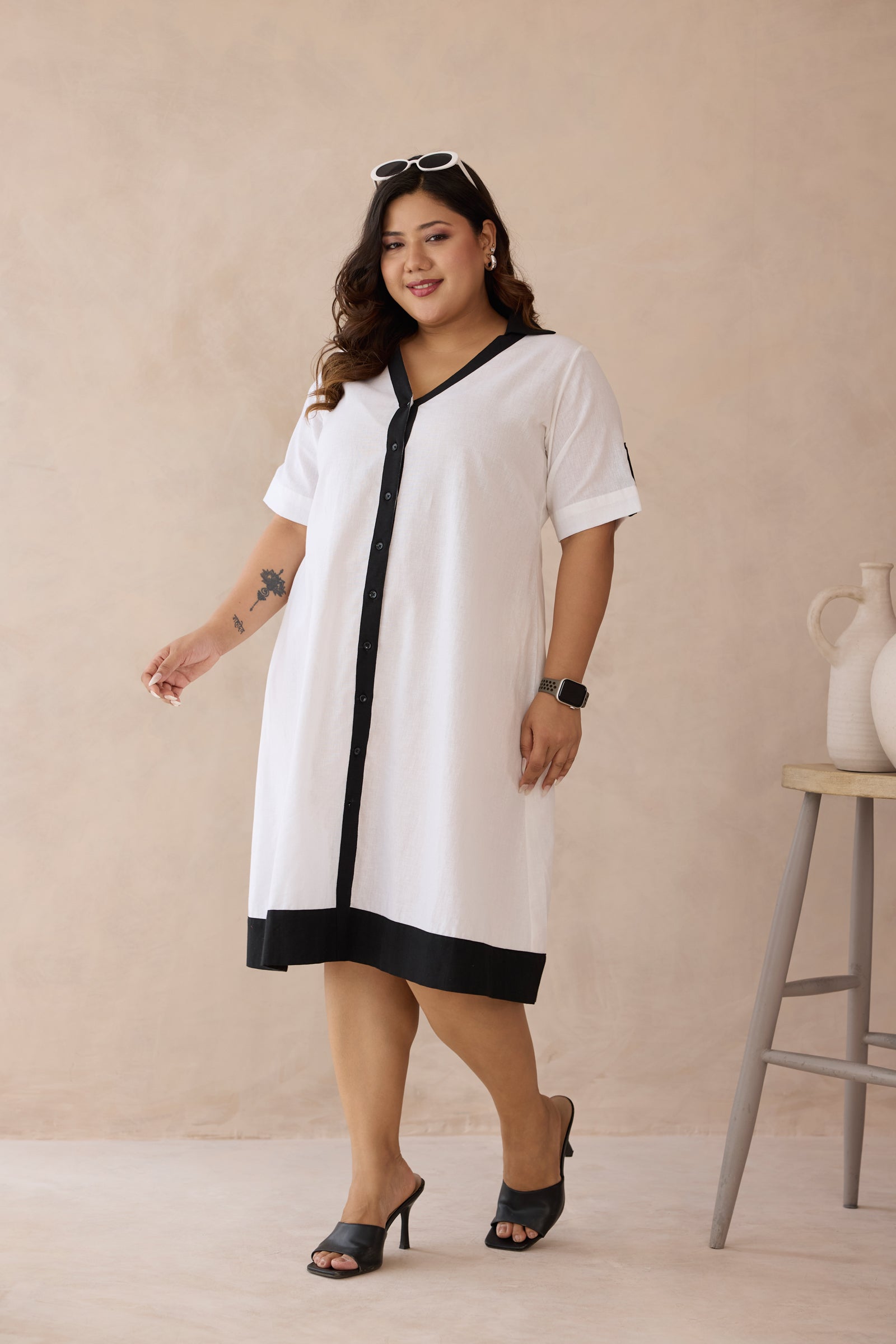 Crisp White with Bold Black Detail Linen Shirt Dress