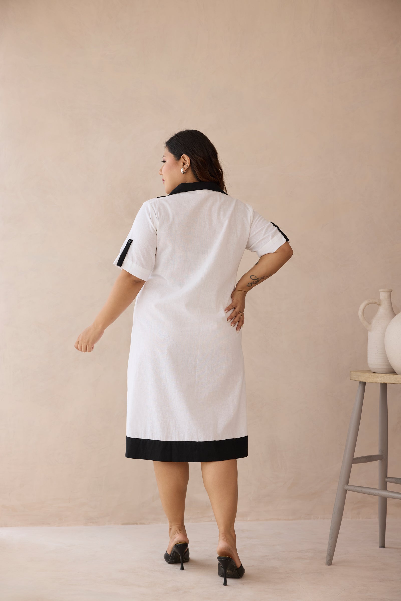 Crisp White with Bold Black Detail Linen Shirt Dress