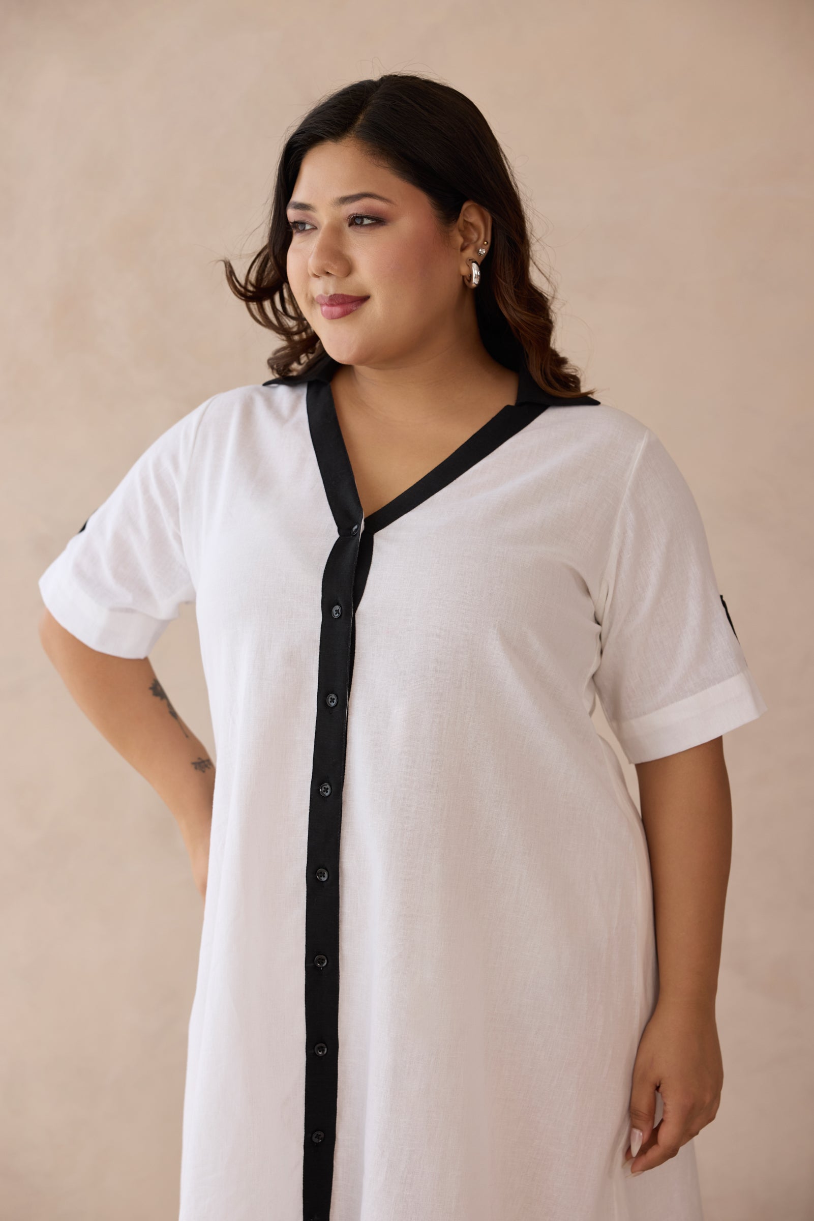 Crisp White with Bold Black Detail Linen Shirt Dress