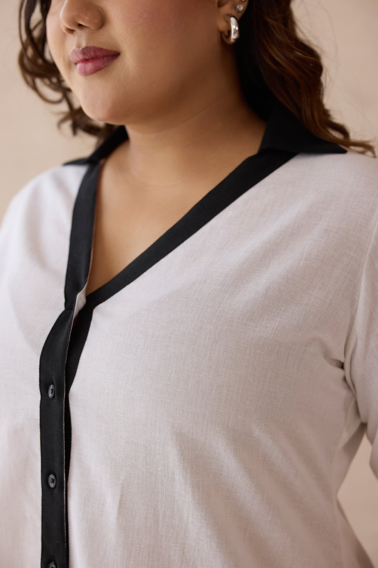 Crisp White with Bold Black Detail Linen Shirt Dress