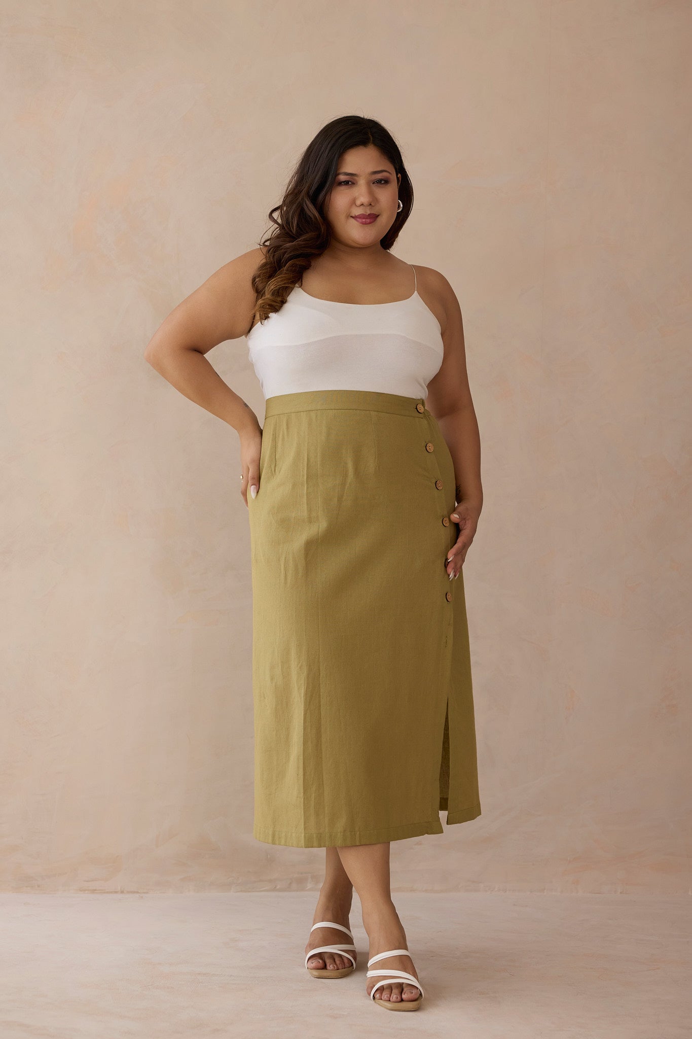 Olive Green Linen Skirt with Functional Buttons