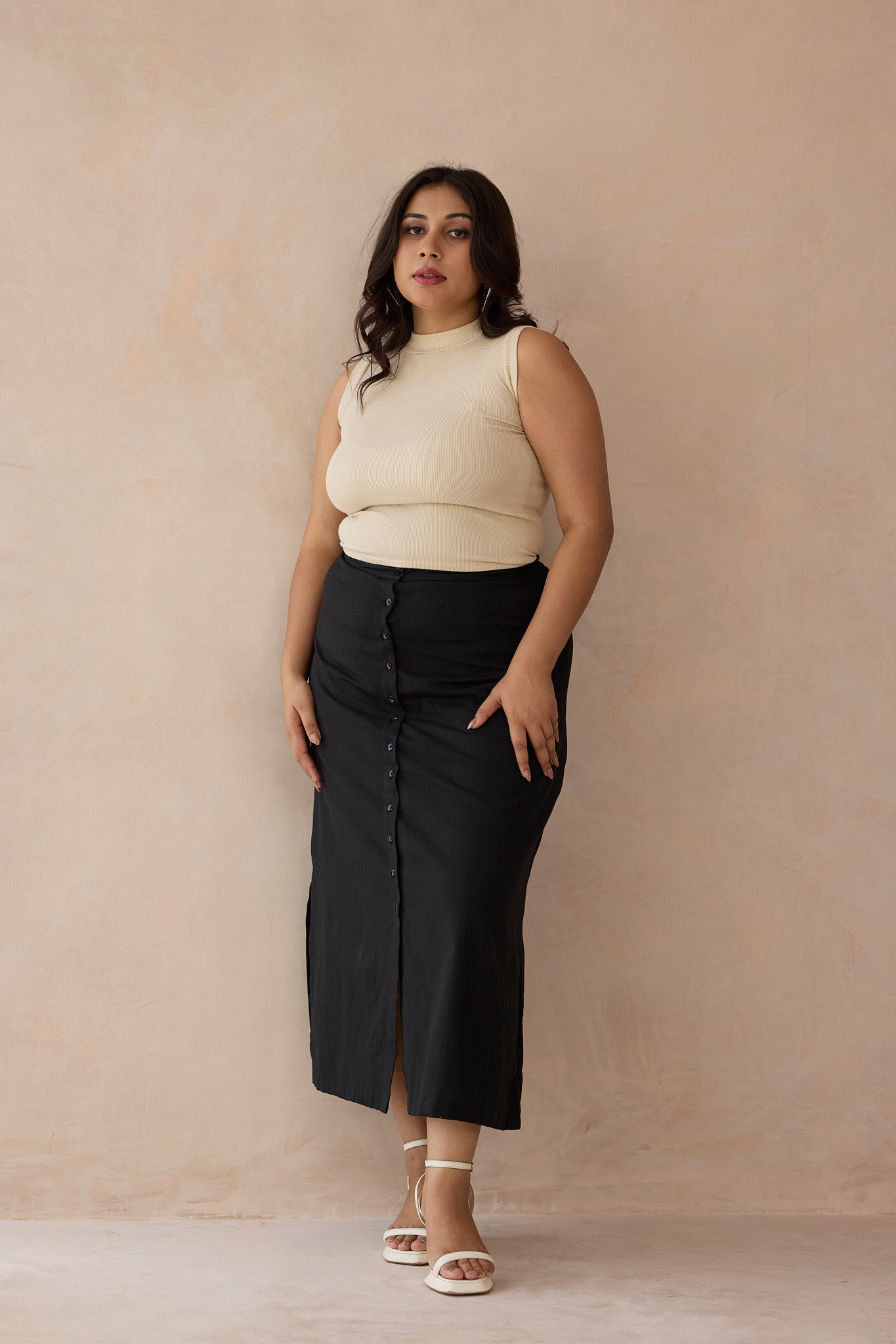 Chic Black Linen Skirt with Functional Buttons