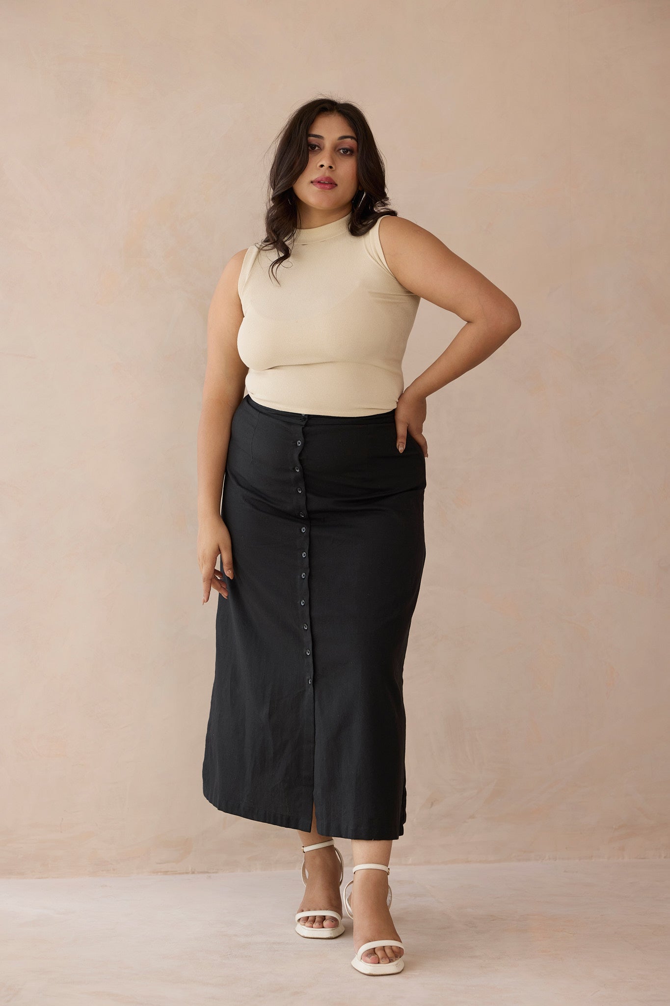 Chic Black Linen Skirt with Functional Buttons