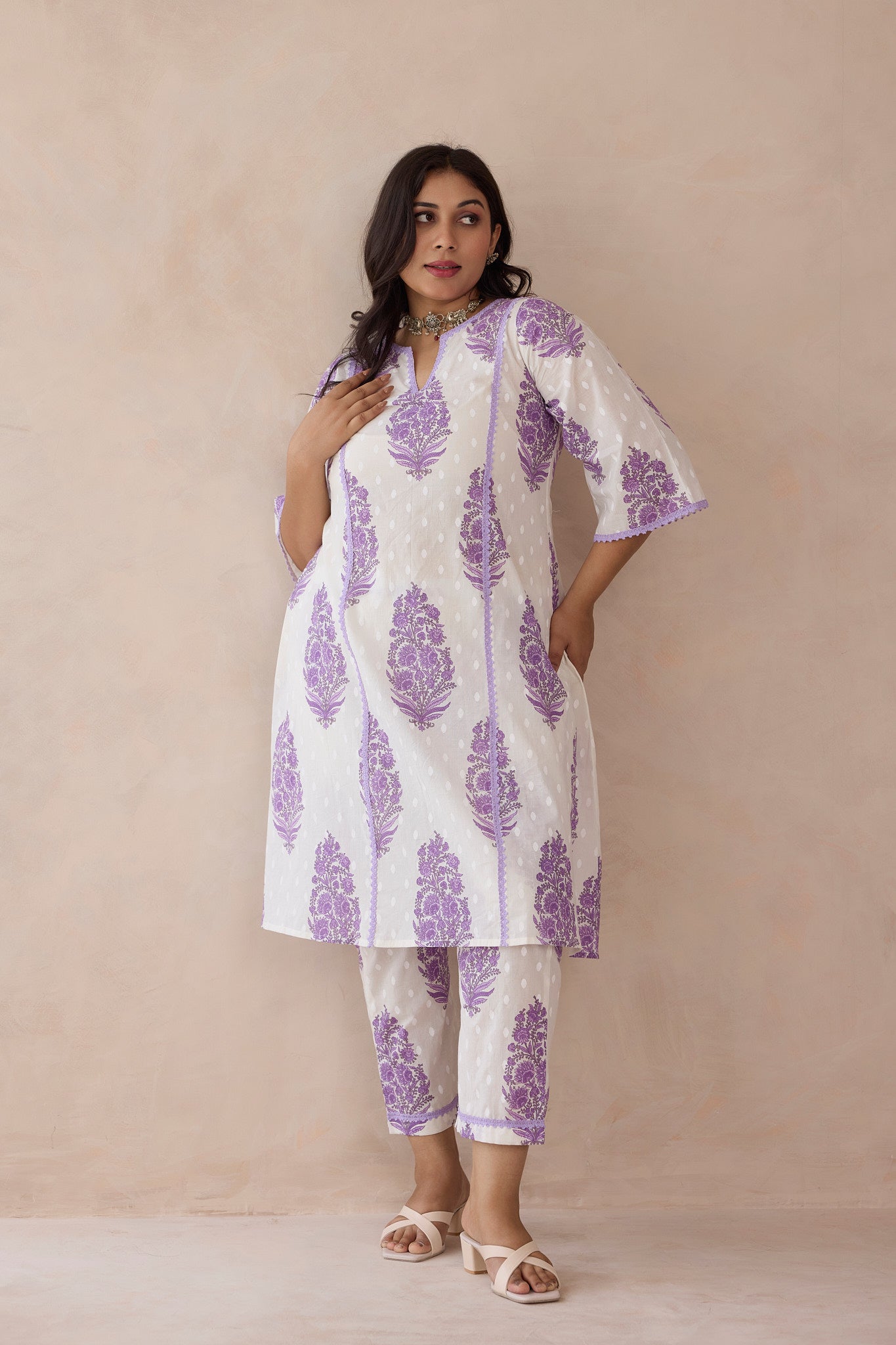 Purple Jaipuri Block Print Cotton Kurta Set