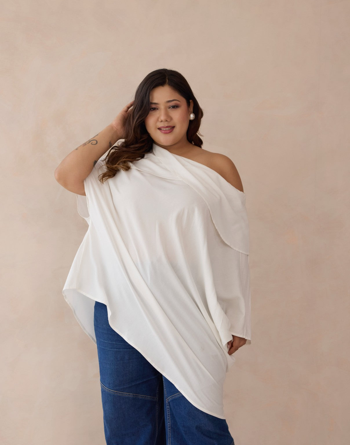 Whisper White One-Shoulder Cowled Shawl Neck Top