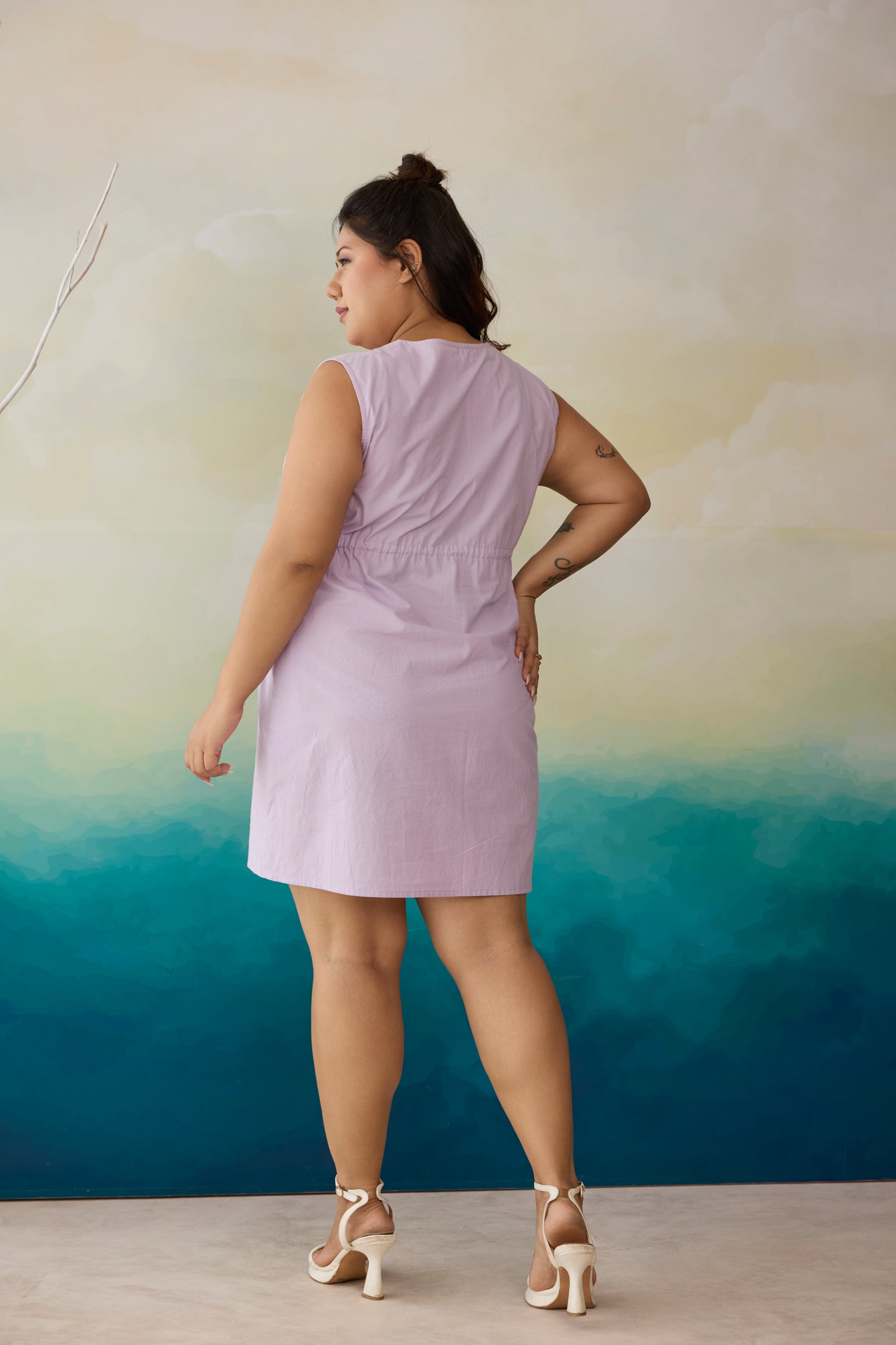 Lilac Whisper Poplin Short Dress With Drawstring
