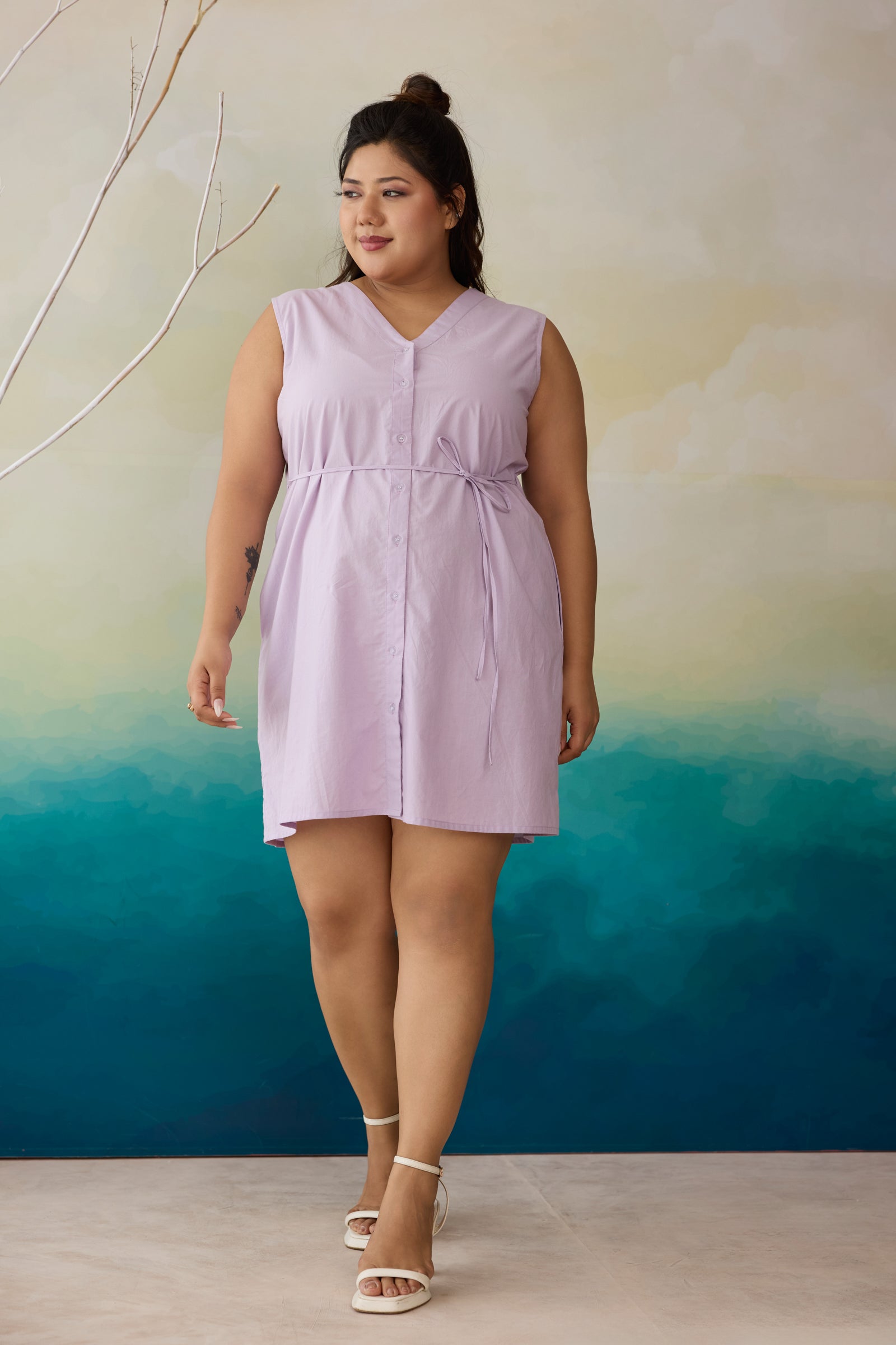 Lilac Whisper Poplin Short Dress With Drawstring