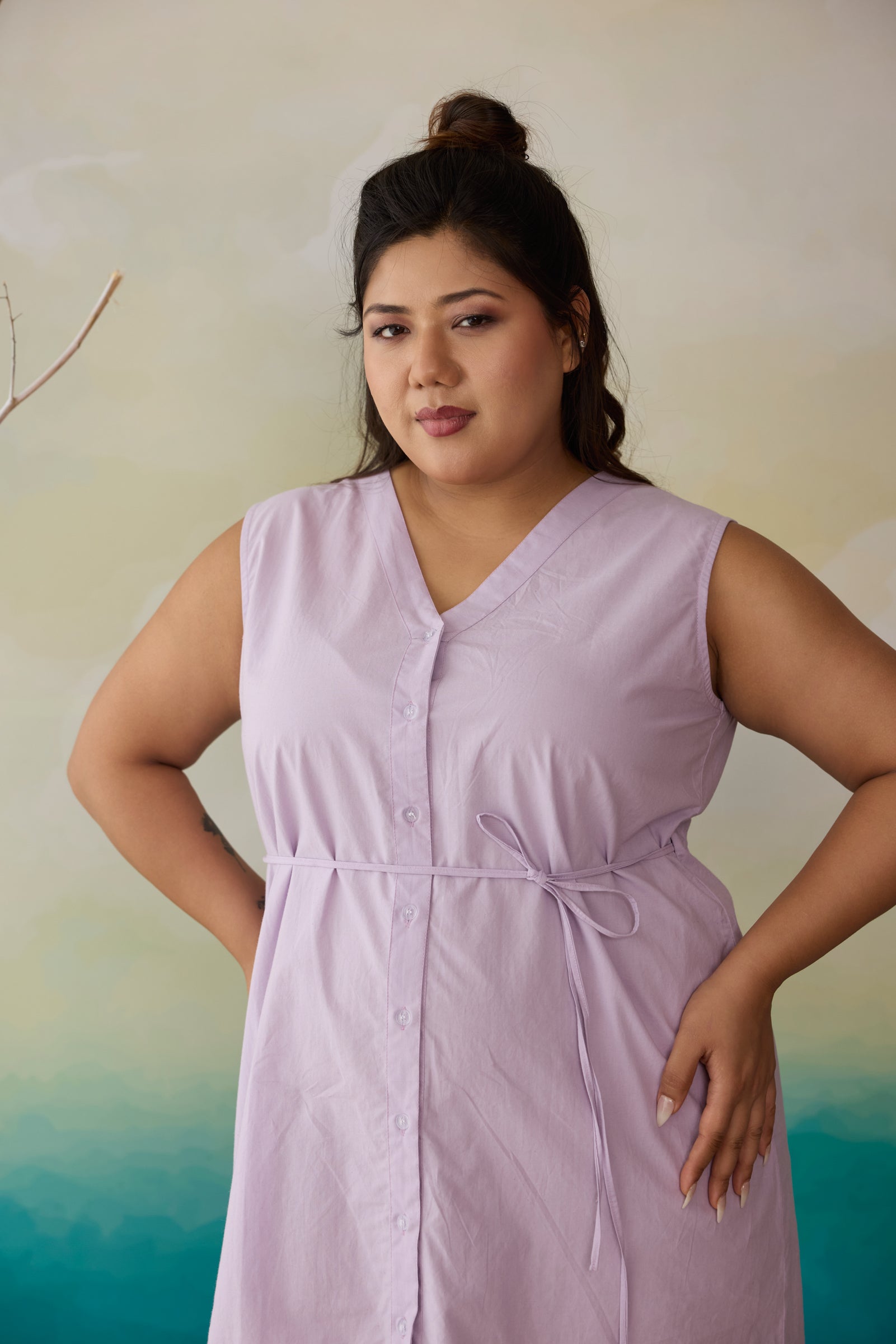 Lilac Whisper Poplin Short Dress With Drawstring