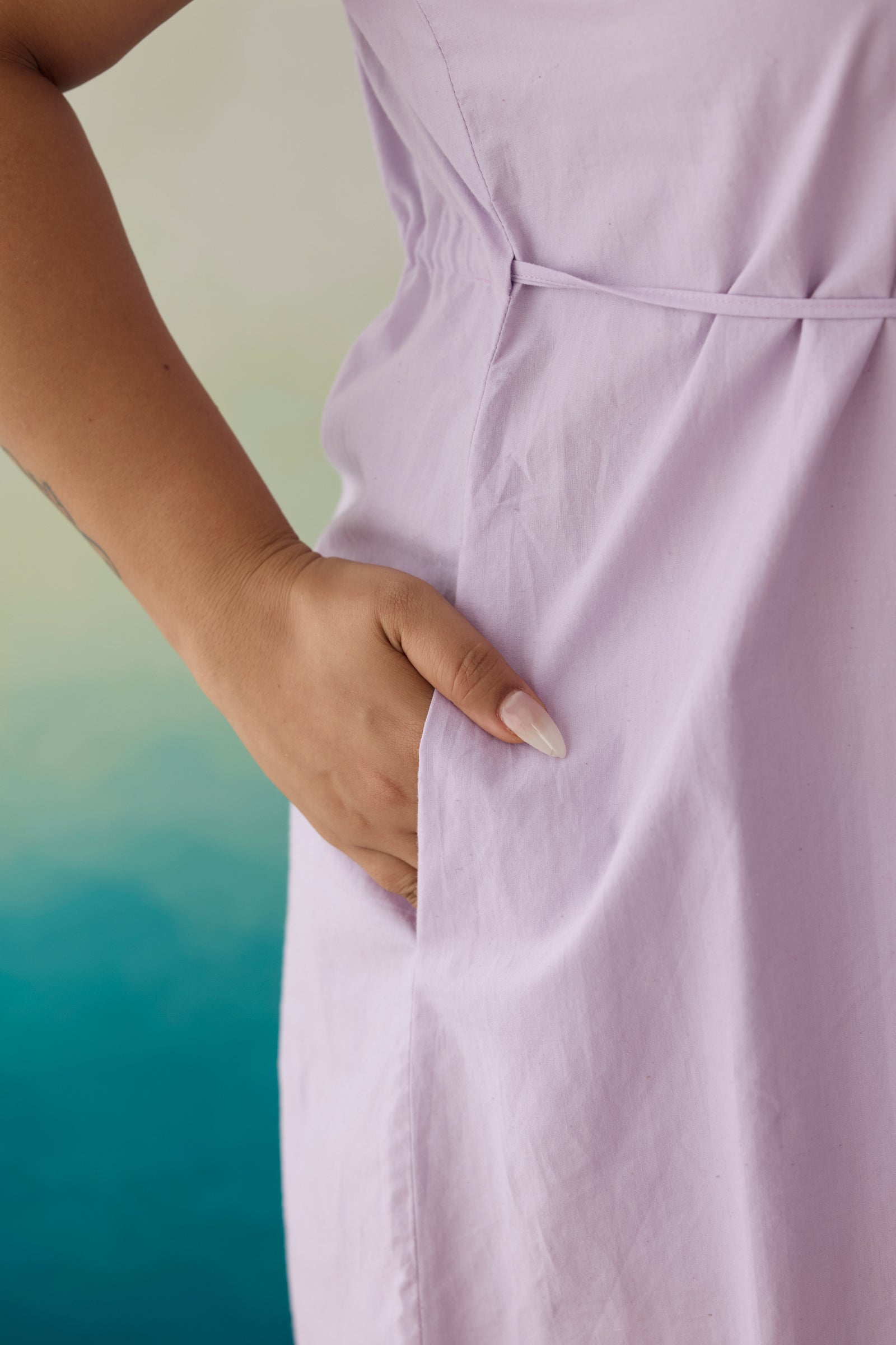 Lilac Whisper Poplin Short Dress With Drawstring