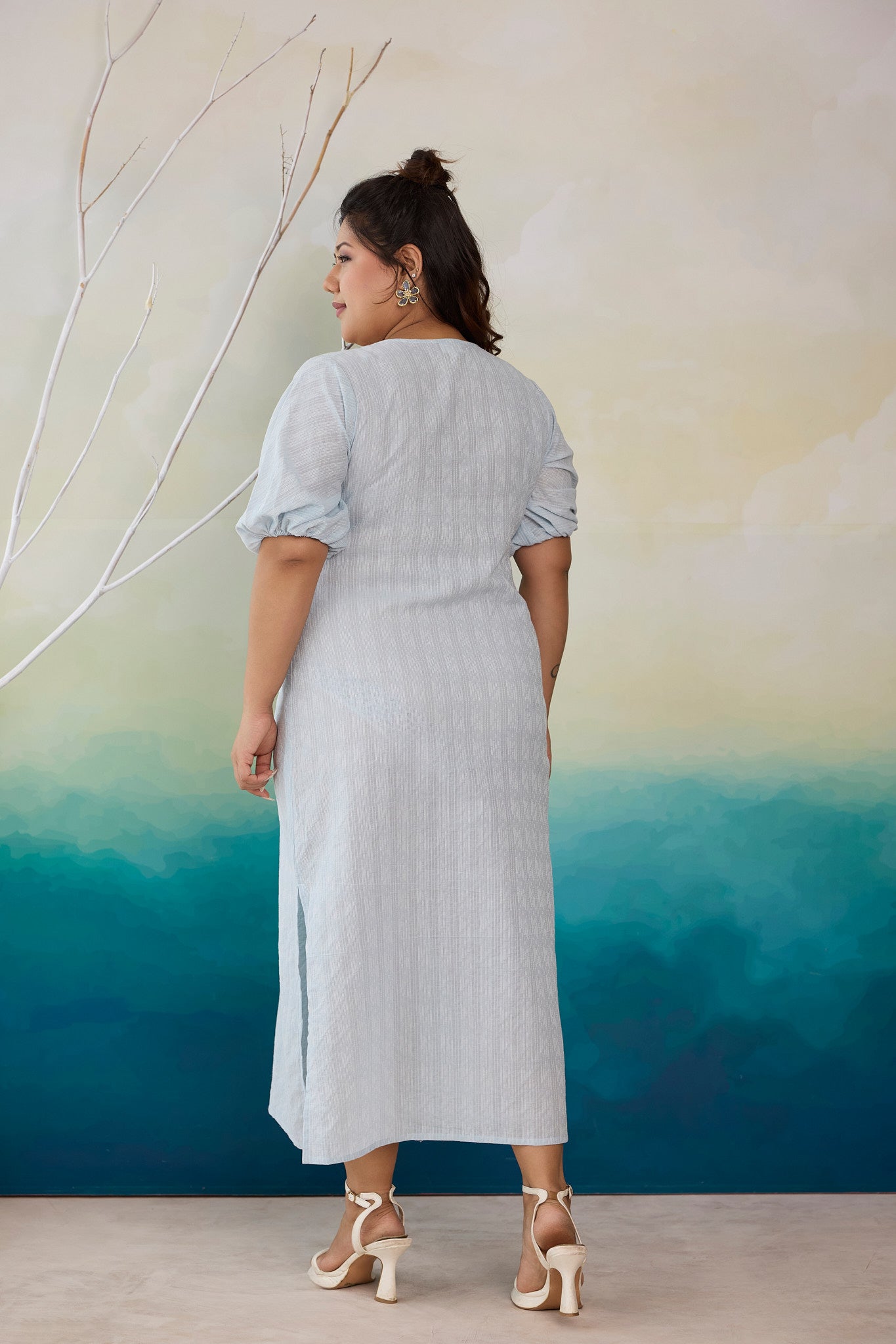 Powder Blue Kantha Cotton Side Slit Maxi Dress