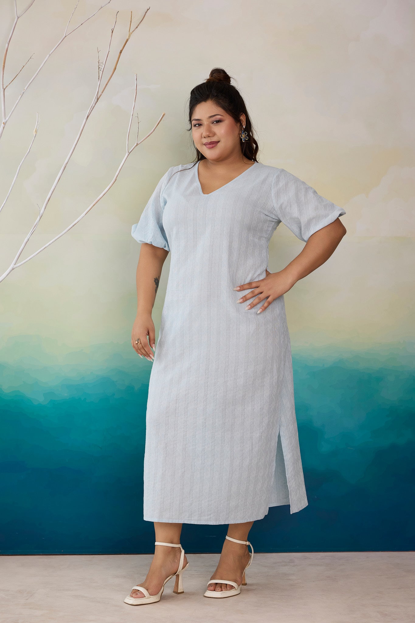 Powder Blue Kantha Cotton Side Slit Maxi Dress