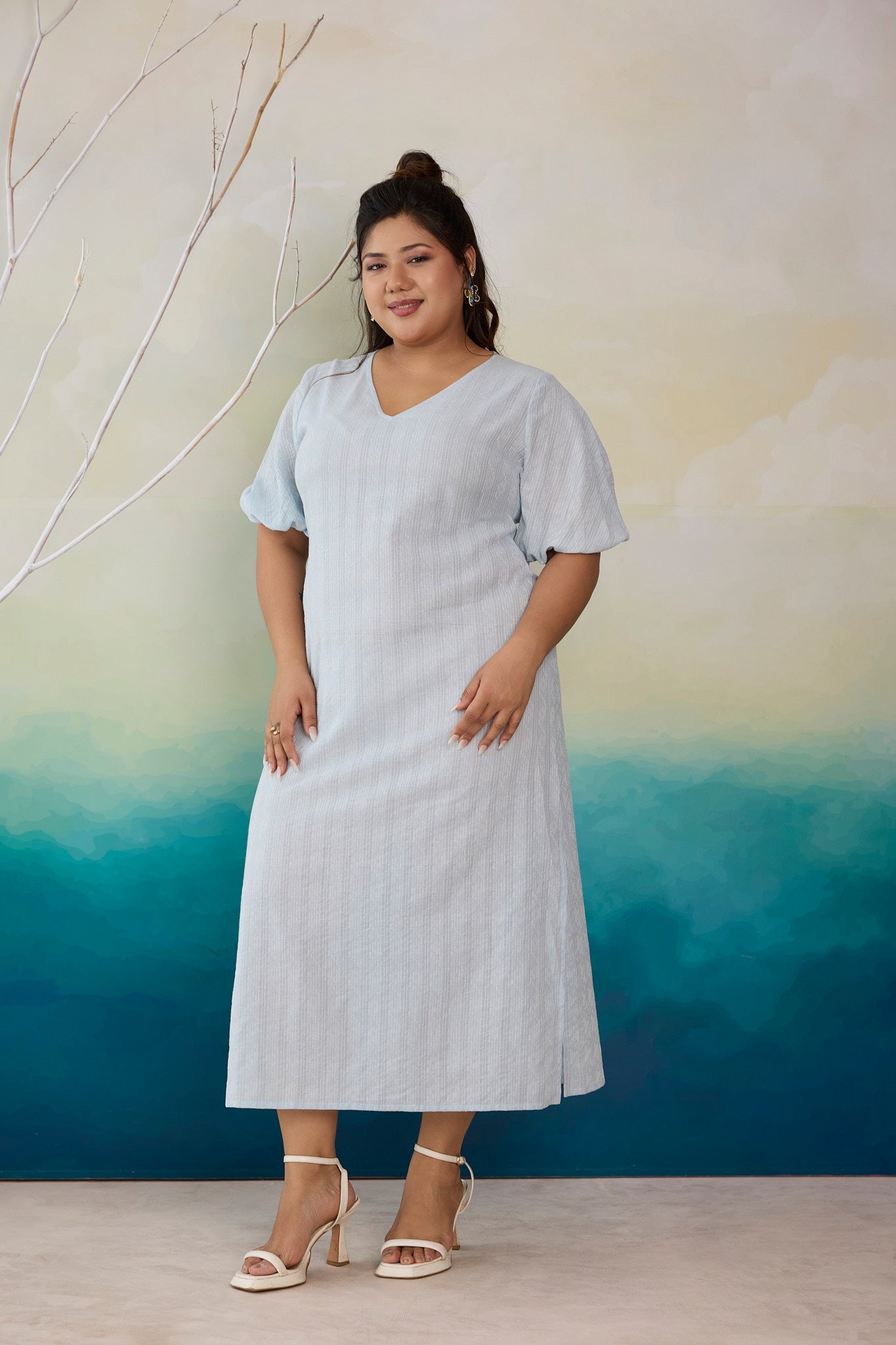 Powder Blue Kantha Cotton Side Slit Maxi Dress