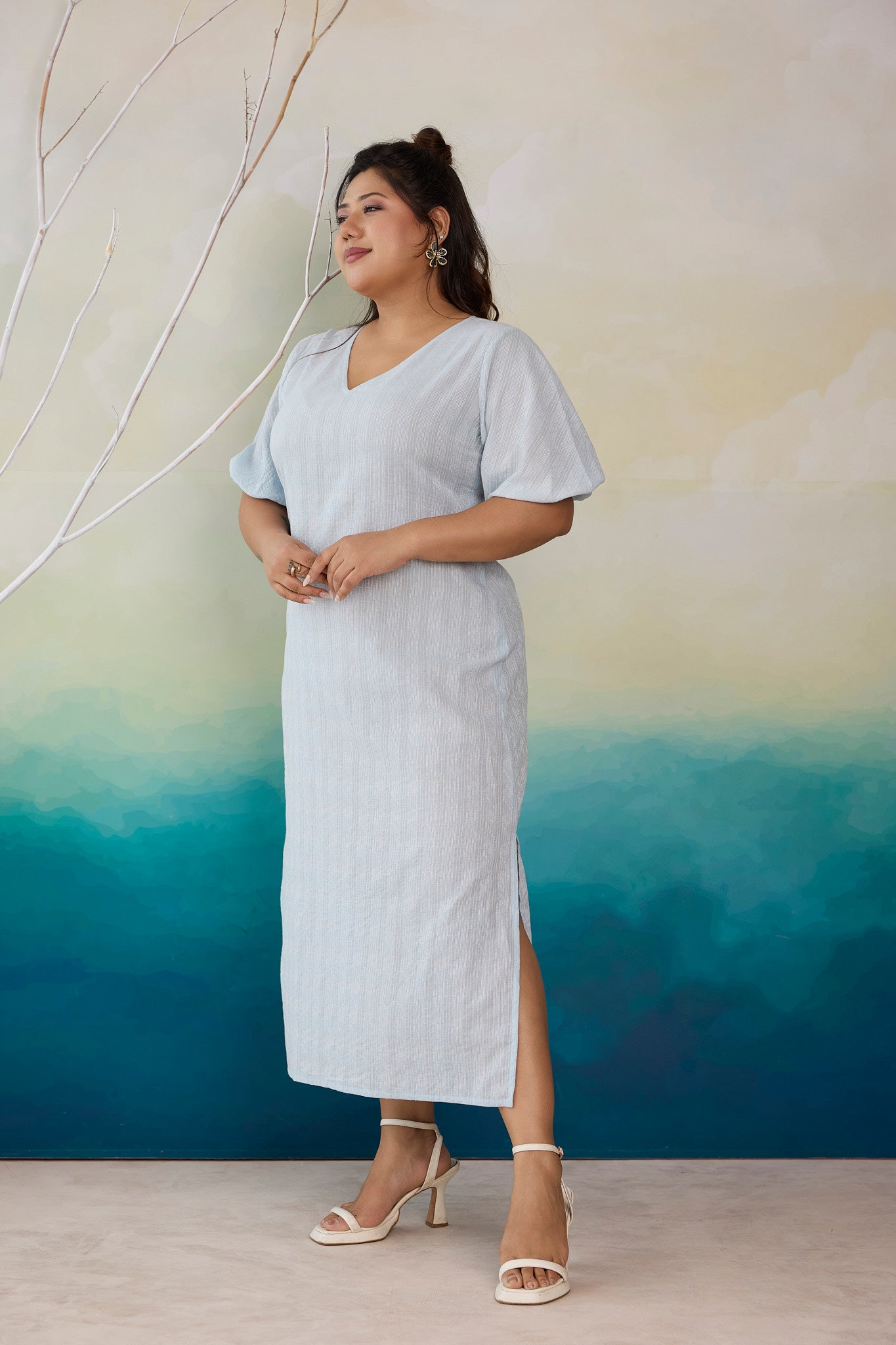 Powder Blue Kantha Cotton Side Slit Maxi Dress