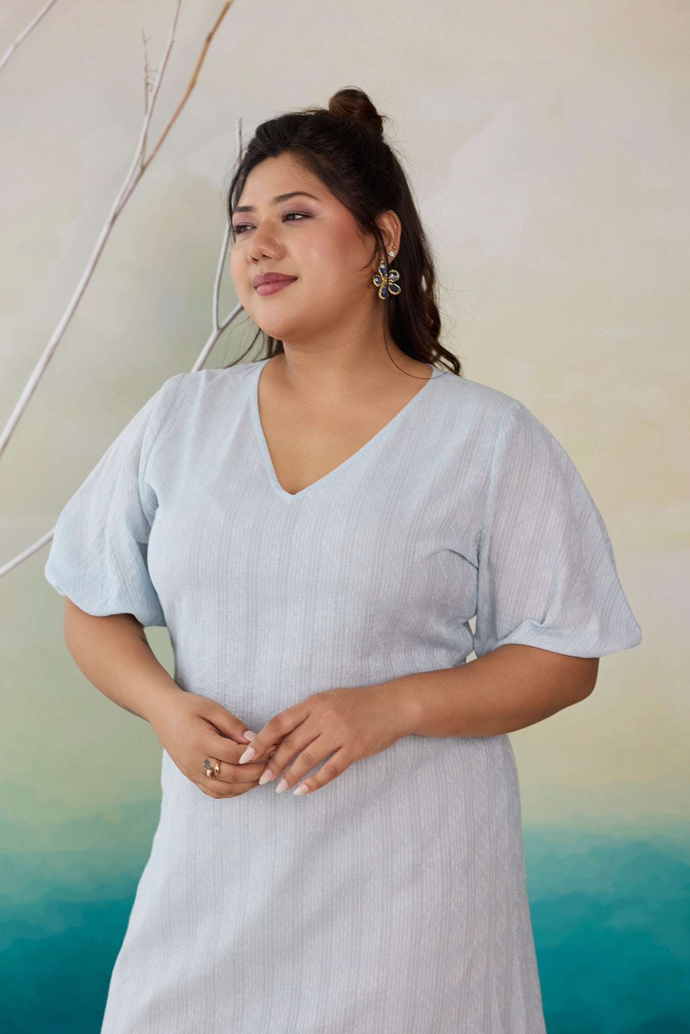 Powder Blue Kantha Cotton Side Slit Maxi Dress