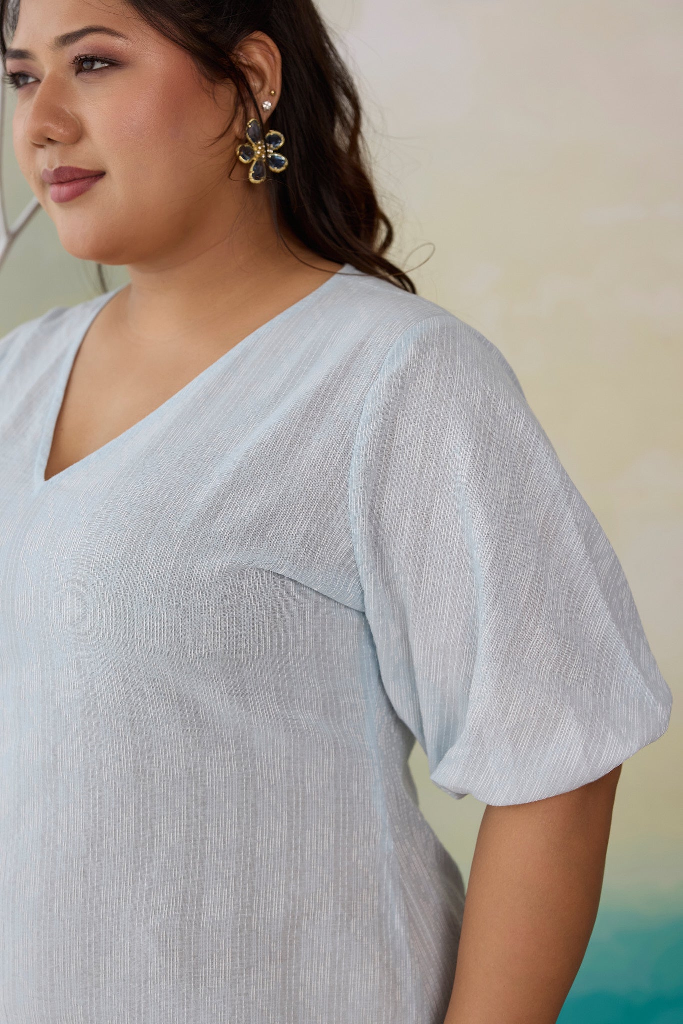 Powder Blue Kantha Cotton Side Slit Maxi Dress