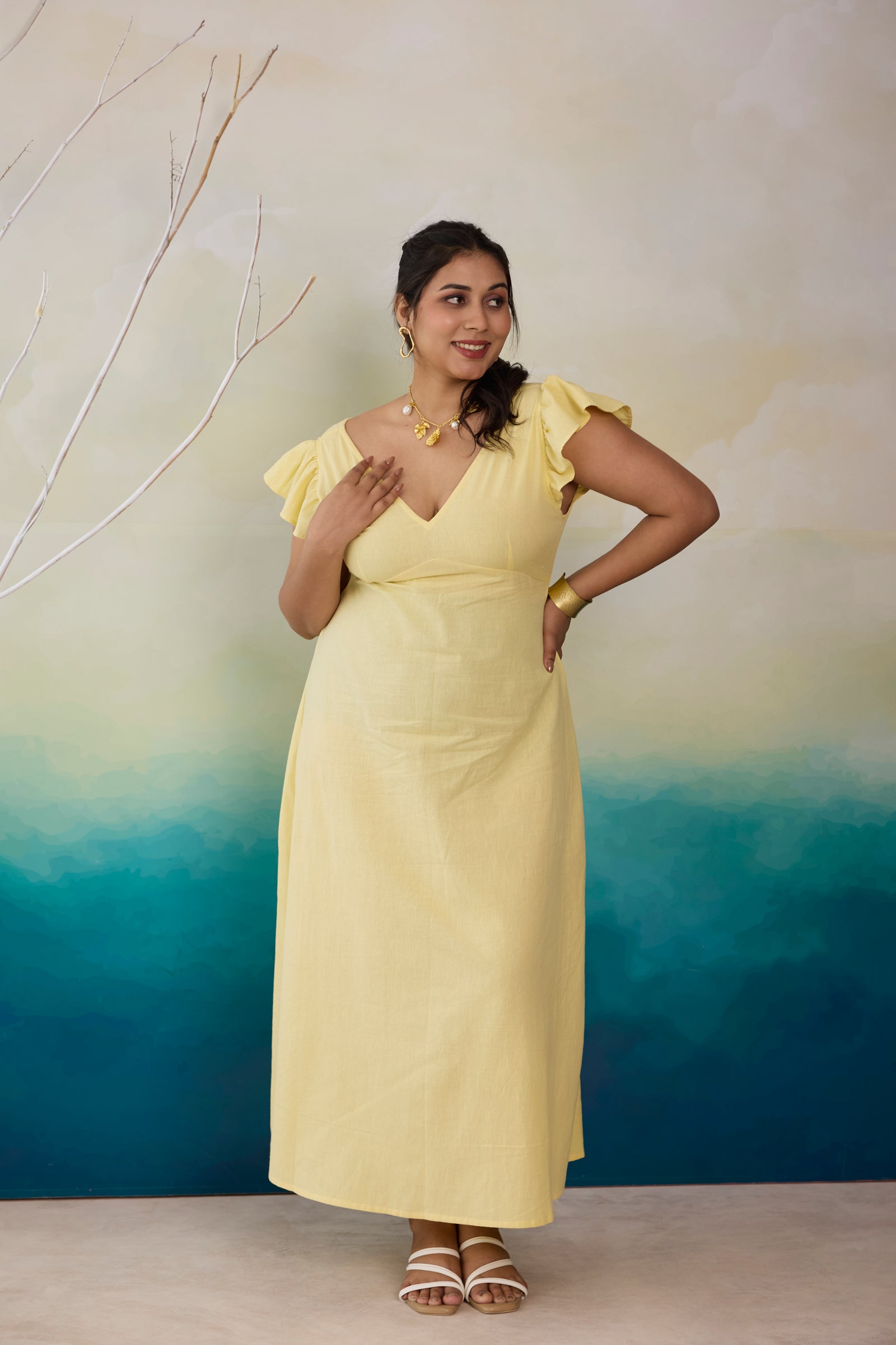 Butter Yellow Linen Maxi Dress with Cute Bow Back
