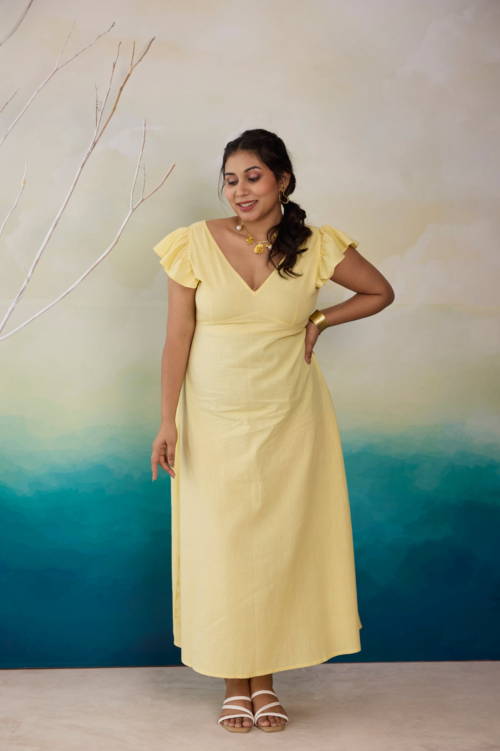 Butter Yellow Linen Maxi Dress with Cute Bow Back