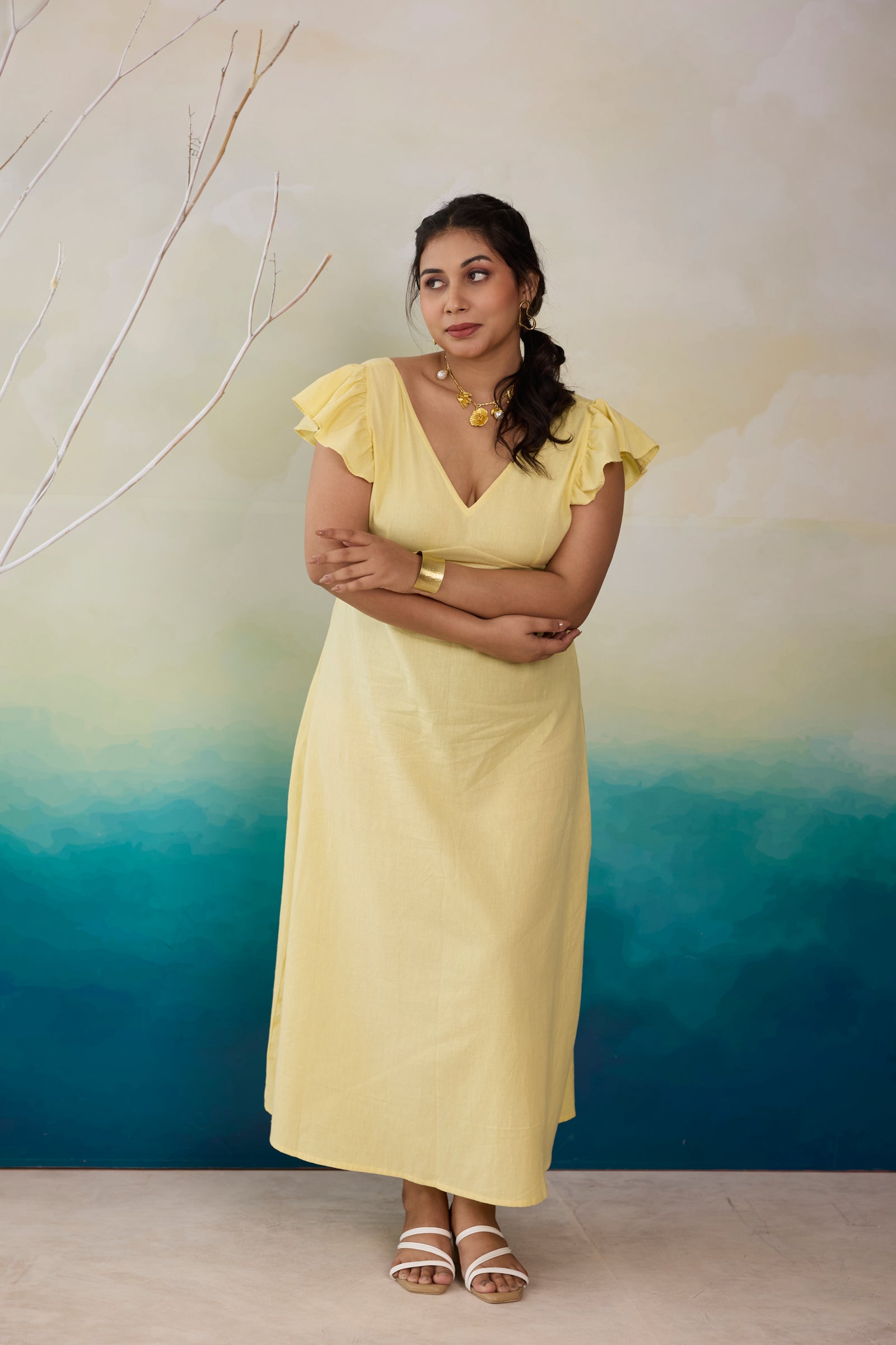 Butter Yellow Linen Maxi Dress with Cute Bow Back