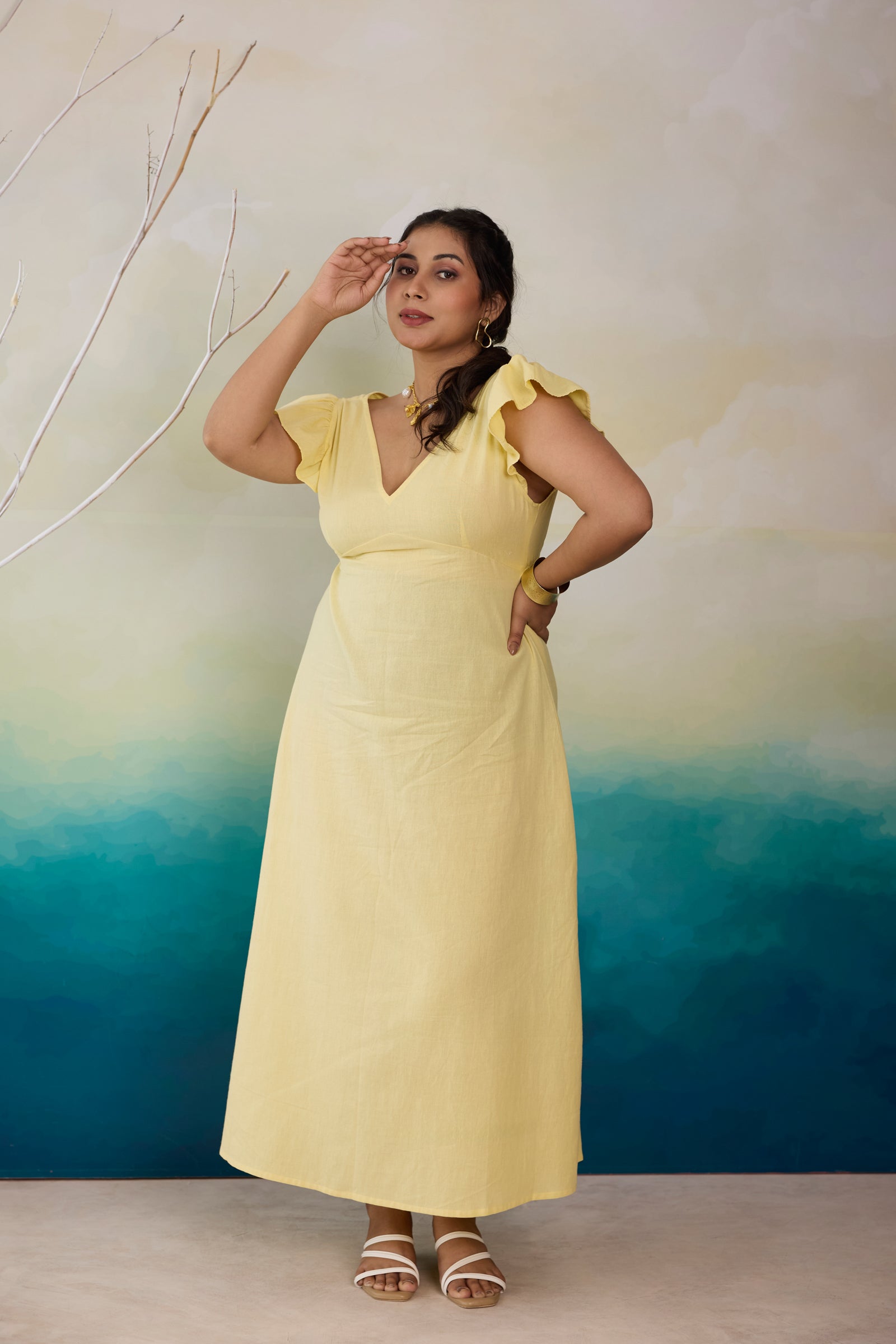 Butter Yellow Linen Maxi Dress with Cute Bow Back