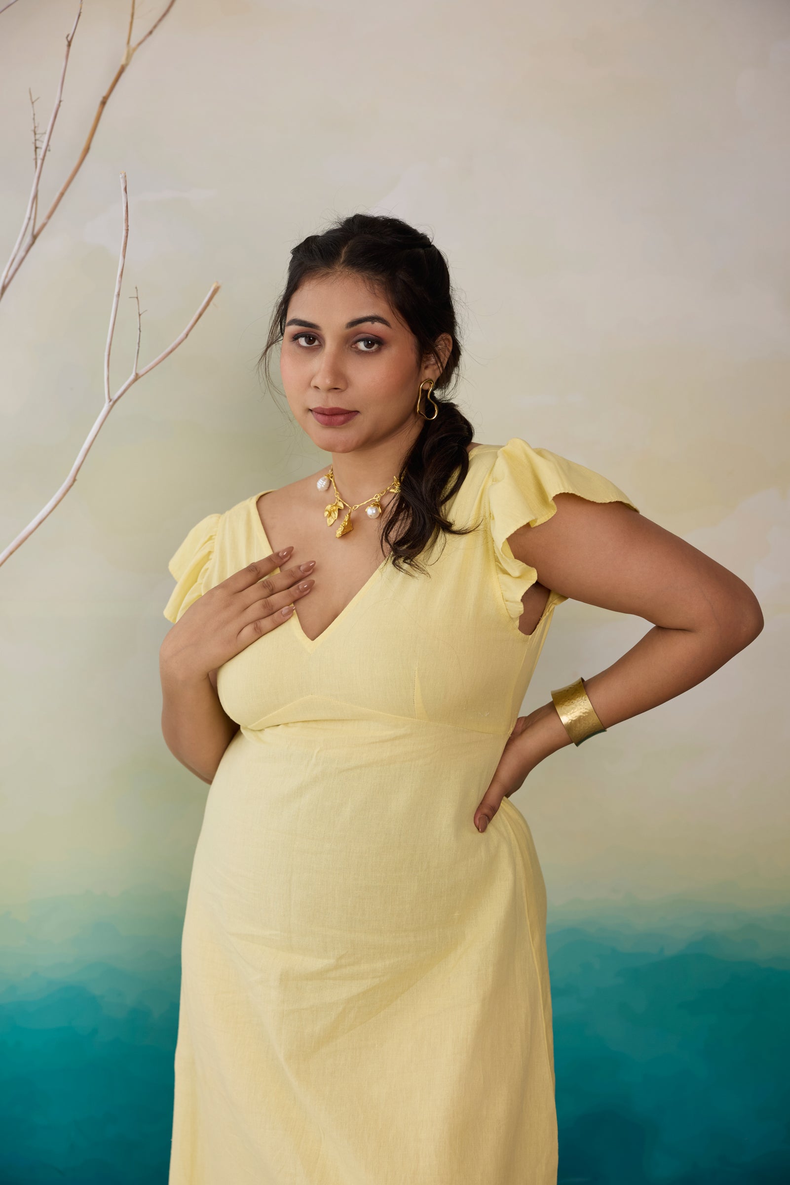 Butter Yellow Linen Maxi Dress with Cute Bow Back