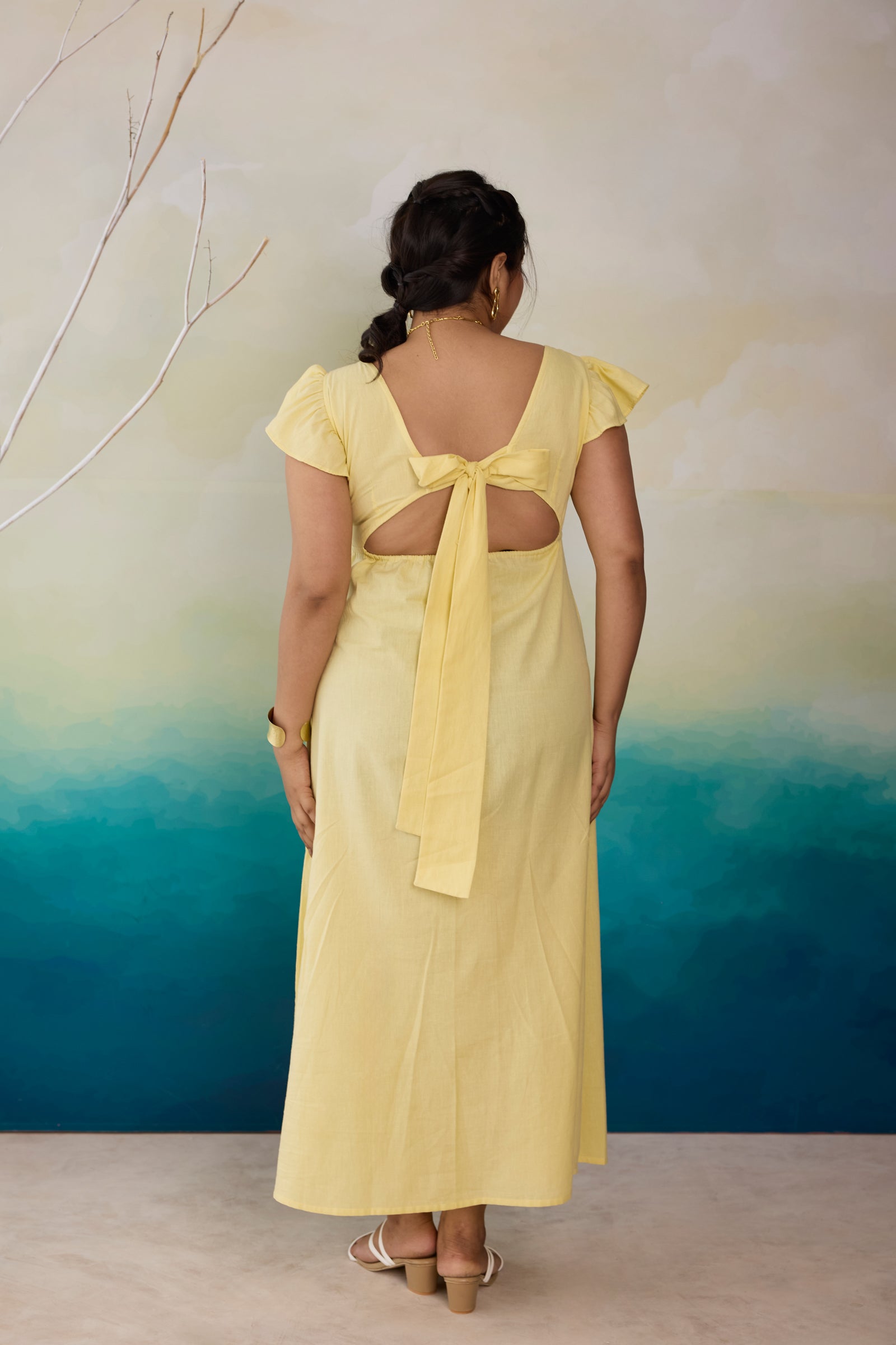 Butter Yellow Linen Maxi Dress with Cute Bow Back