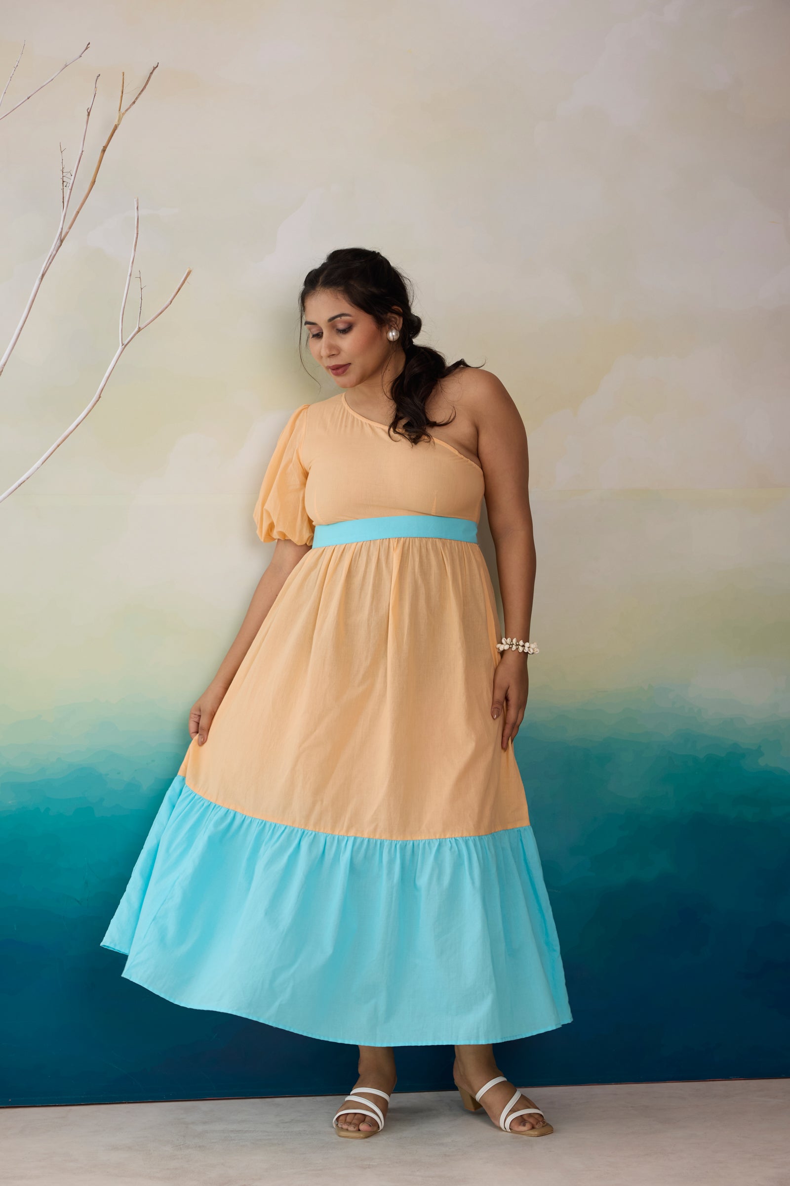 Dreamy Aqua Peach Colorblock Maxi Dress