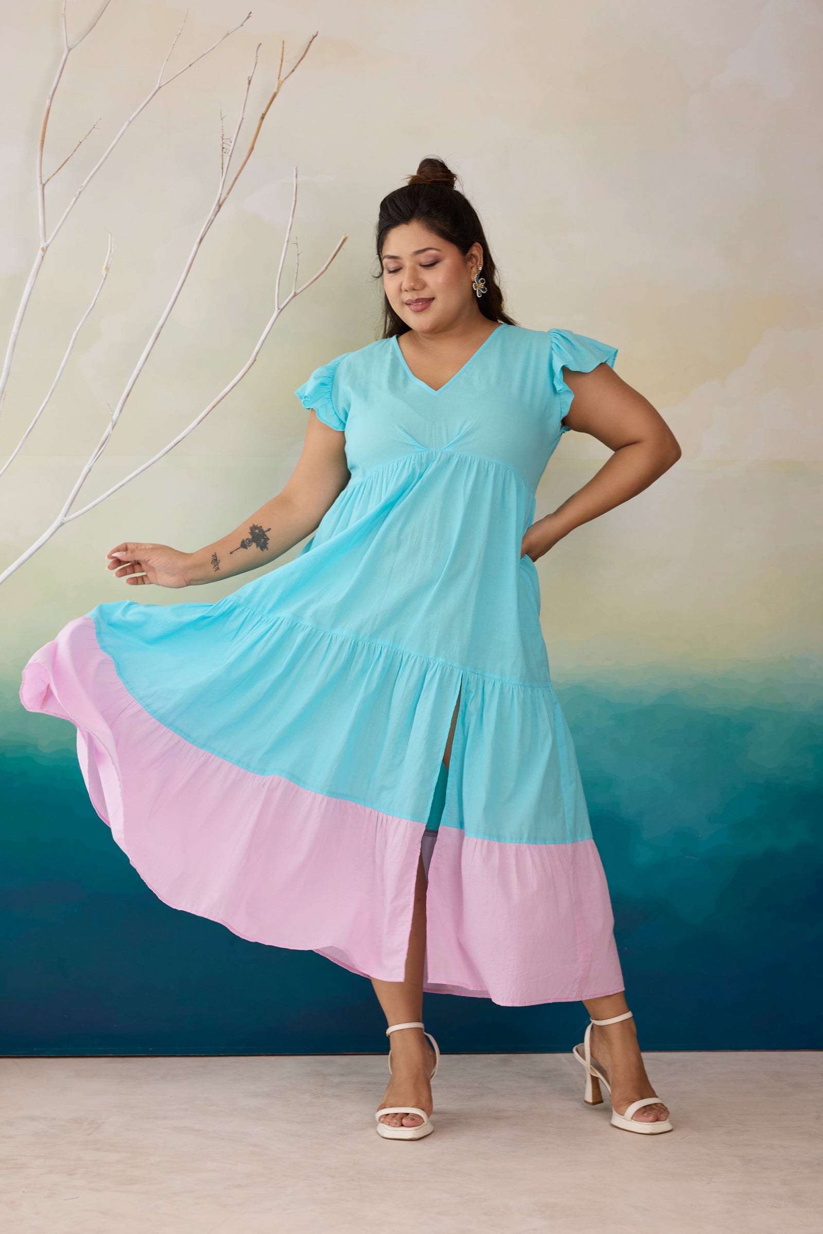 Aqua Breeze & Lilac Colorblock Cotton Maxi Dress