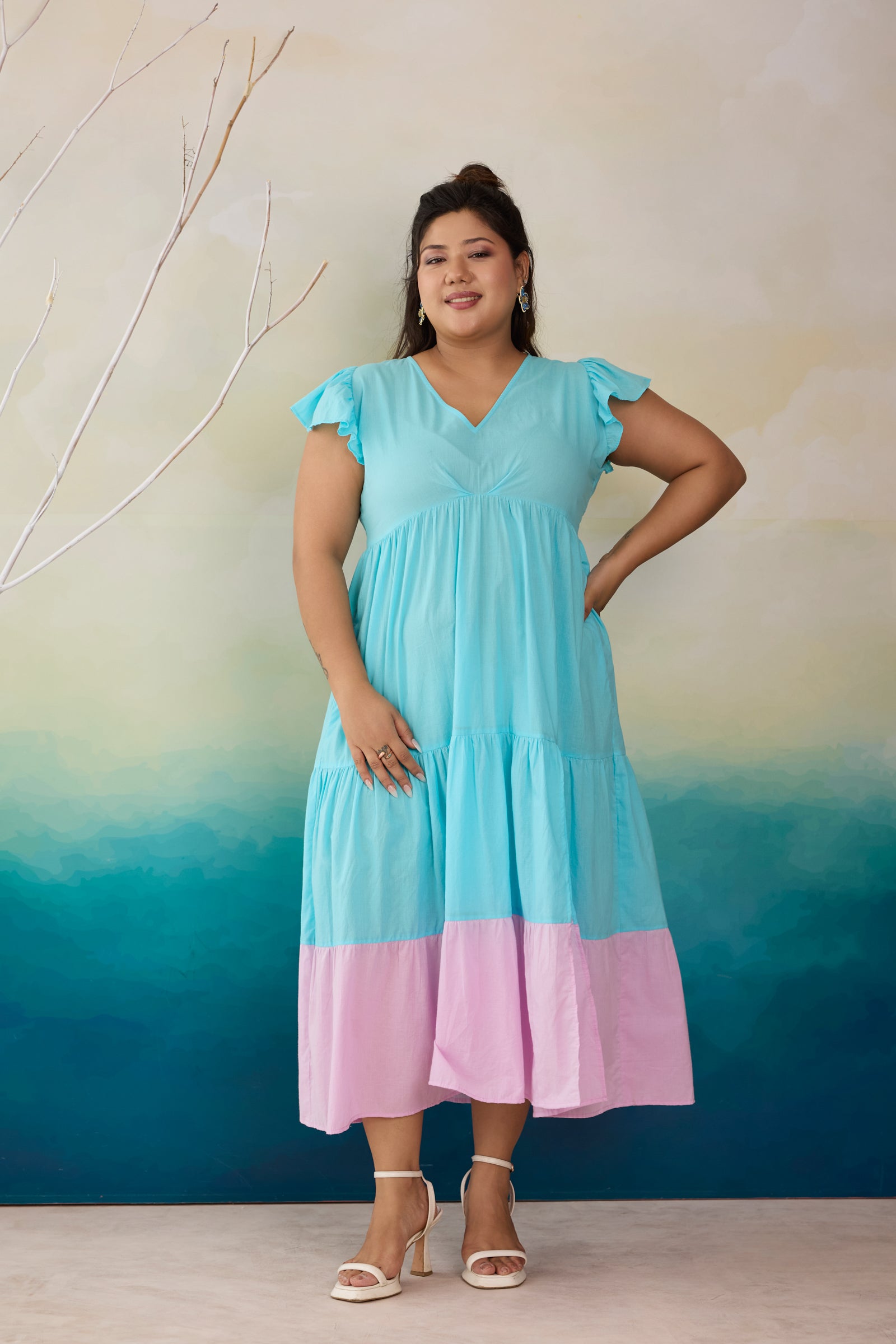 Aqua Breeze & Lilac Colorblock Cotton Maxi Dress