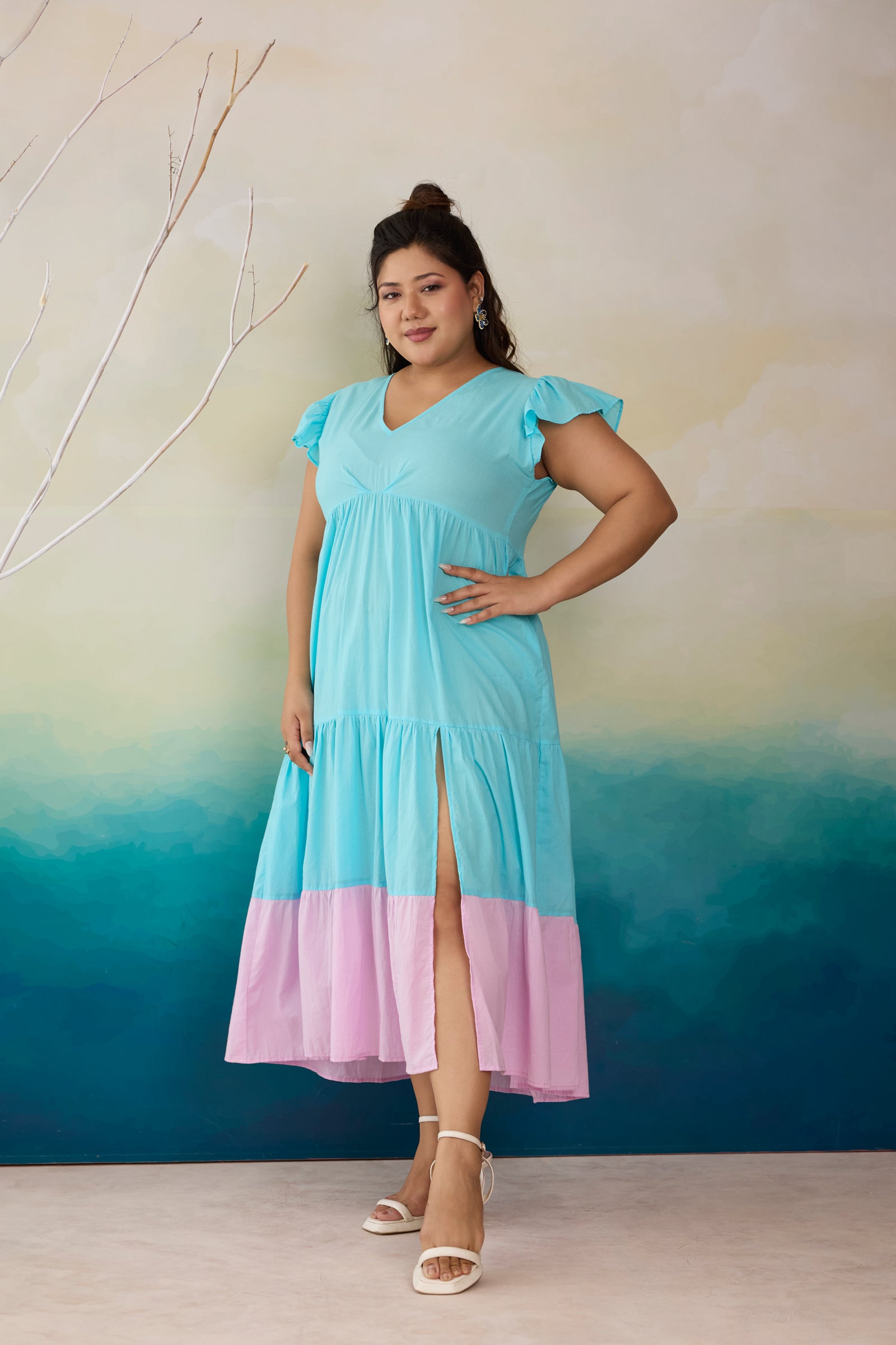 Aqua Breeze & Lilac Colorblock Cotton Maxi Dress