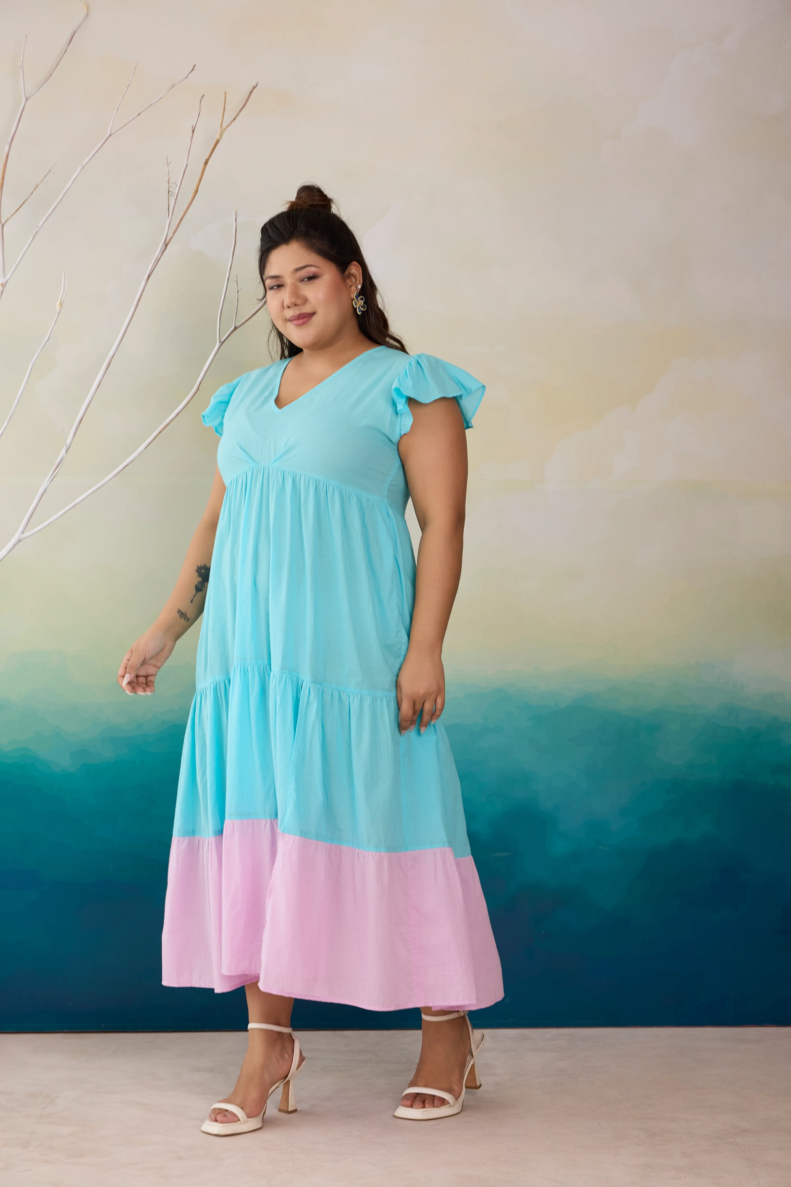 Aqua Breeze & Lilac Colorblock Cotton Maxi Dress