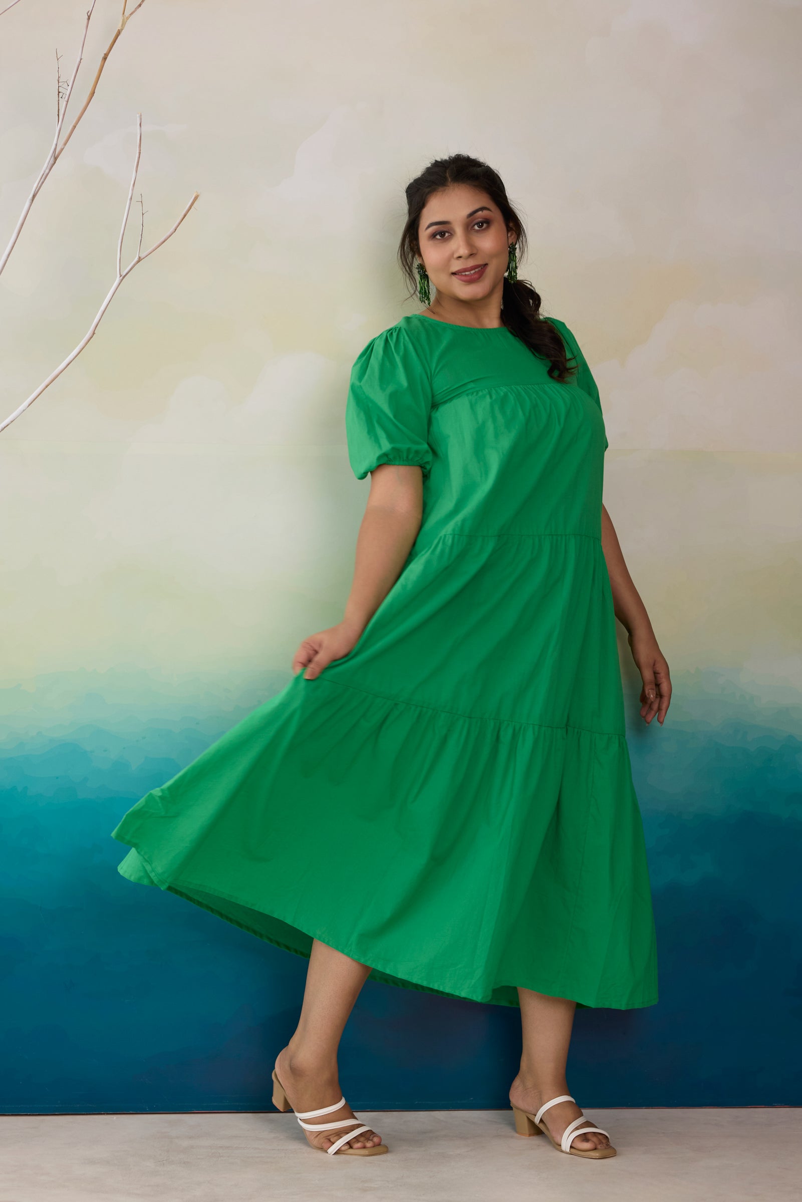 Lush Green Tiered Cotton Midi Dress