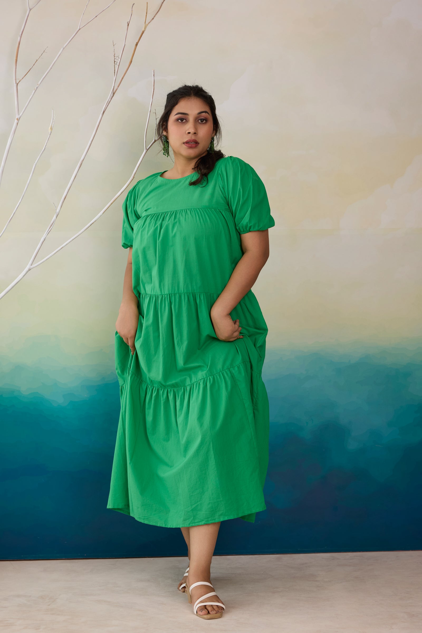 Lush Green Tiered Cotton Midi Dress