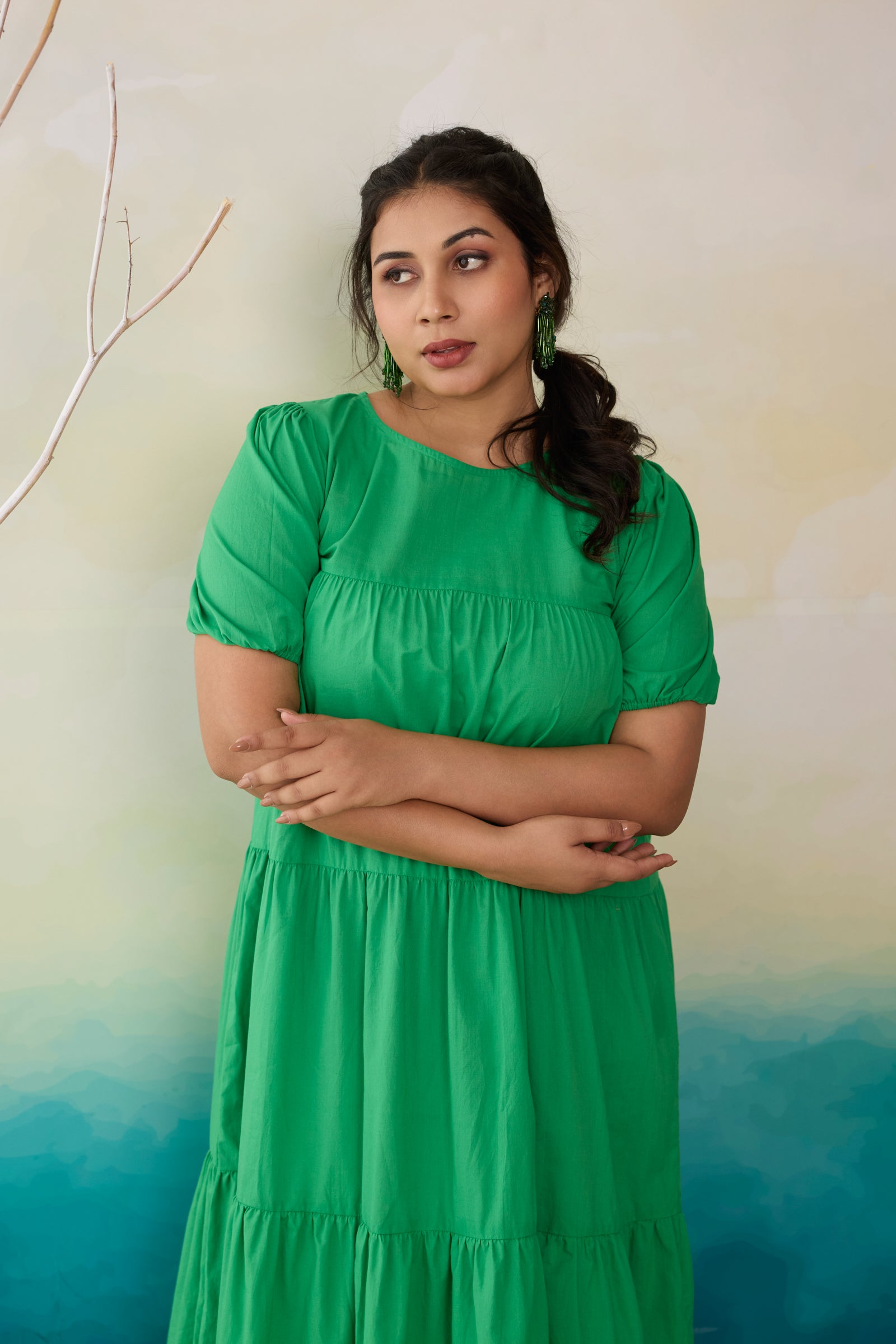 Lush Green Tiered Cotton Midi Dress