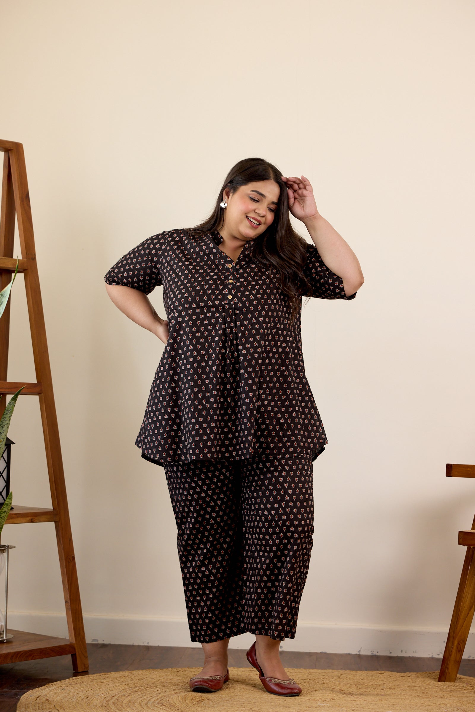 Black Collared Booti Print Co-Ord Set