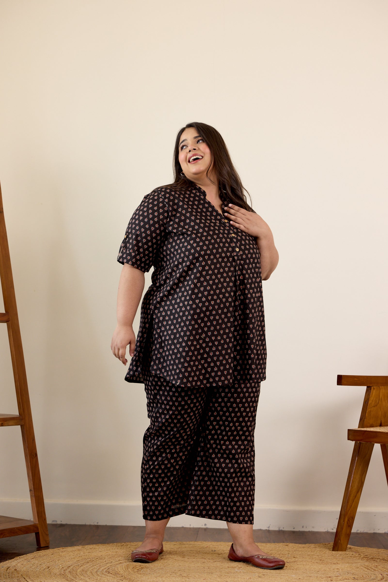 Black Collared Booti Print Co-Ord Set