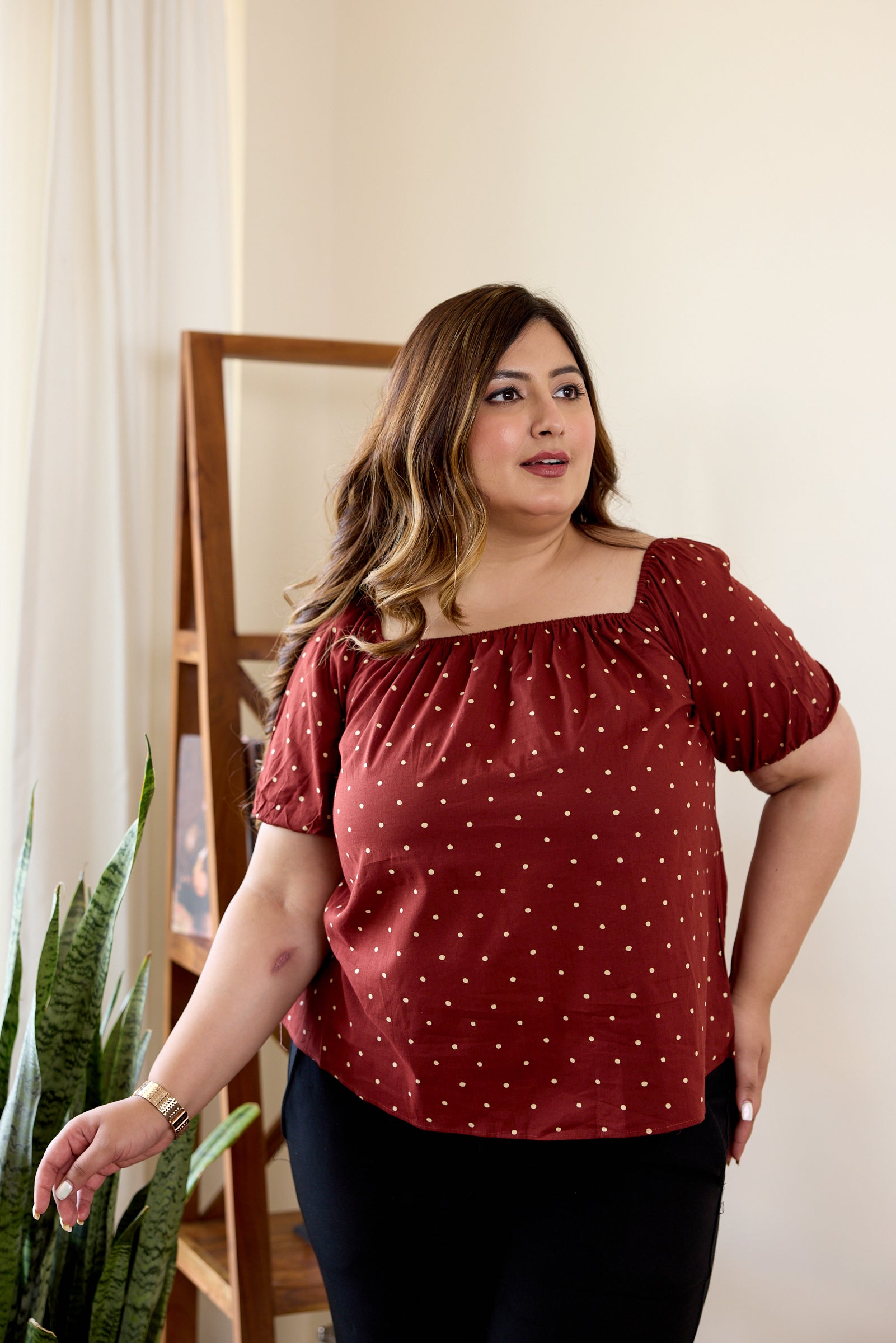 Maroon Puffed Sleeve Hand Block Printed Polka