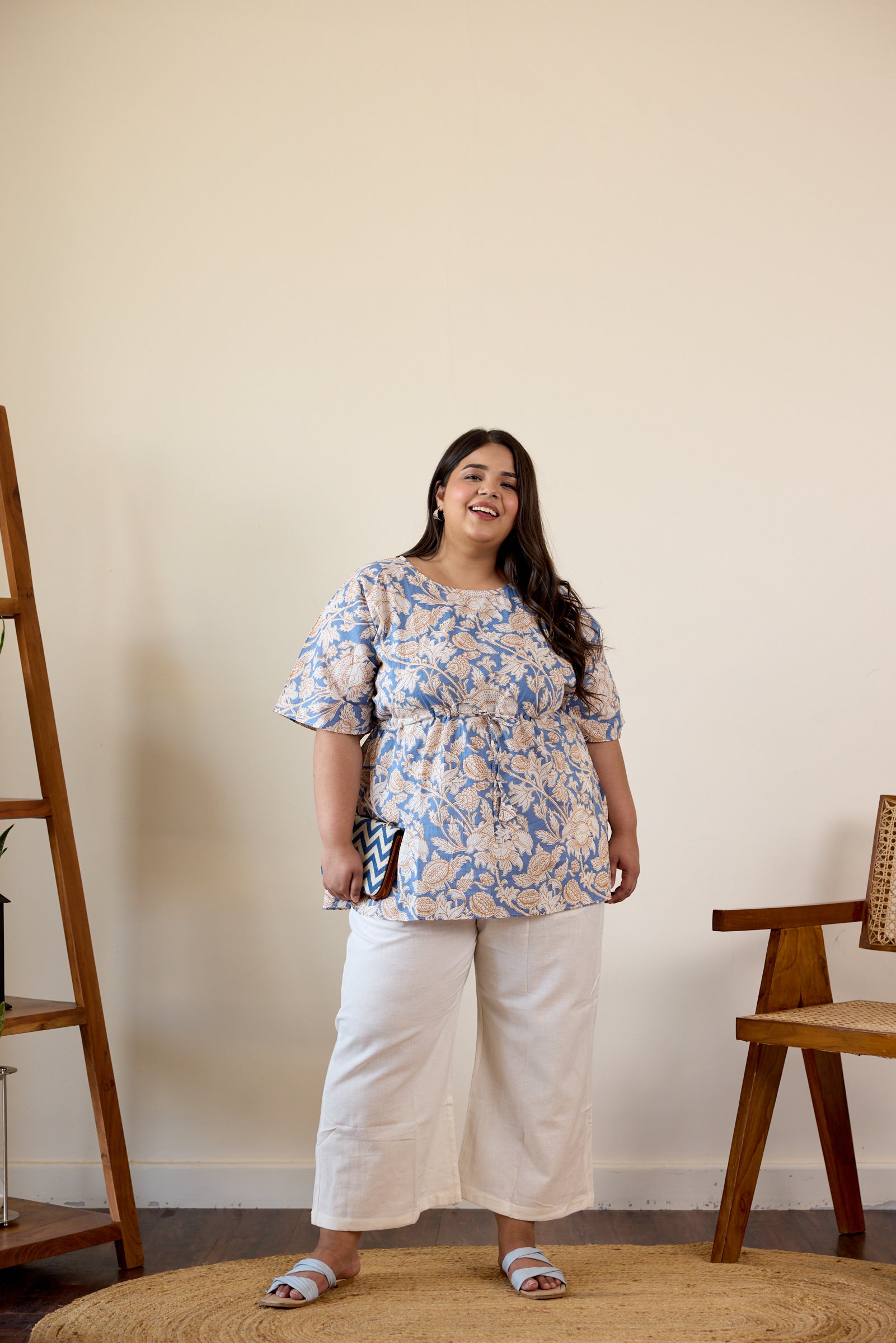 Blue Cotton Printed Drawstring Top