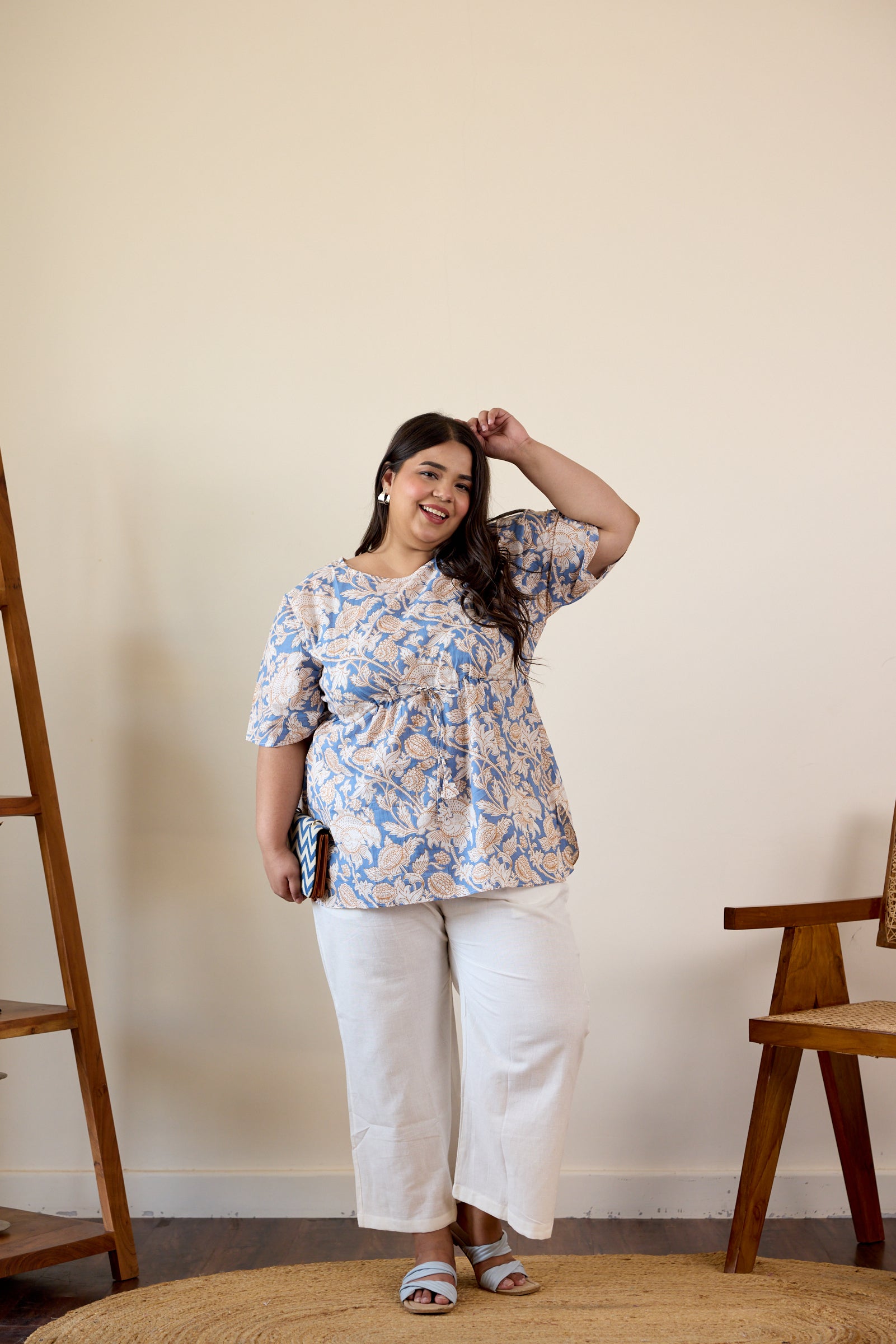 Blue Cotton Printed Drawstring Top